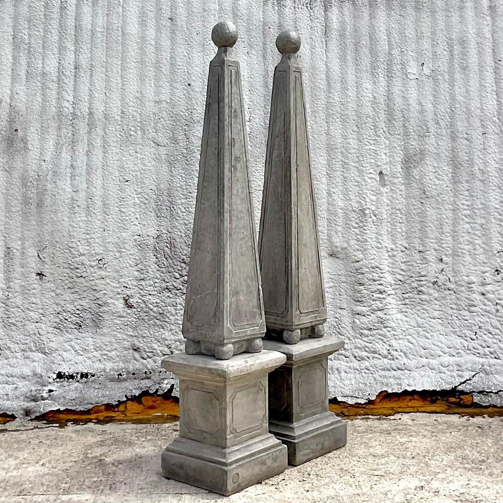 Vintage Boho Monumental Cast Concrete Obelisk - a Pair In Good Condition In West Palm Beach, FL