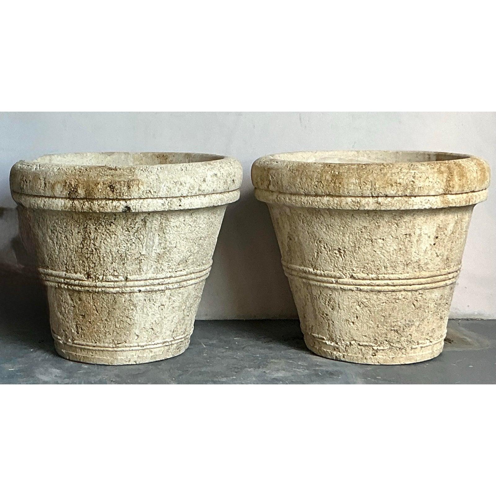 Vintage Boho Monumental Cast Concrete Planters - A Pair For Sale 4