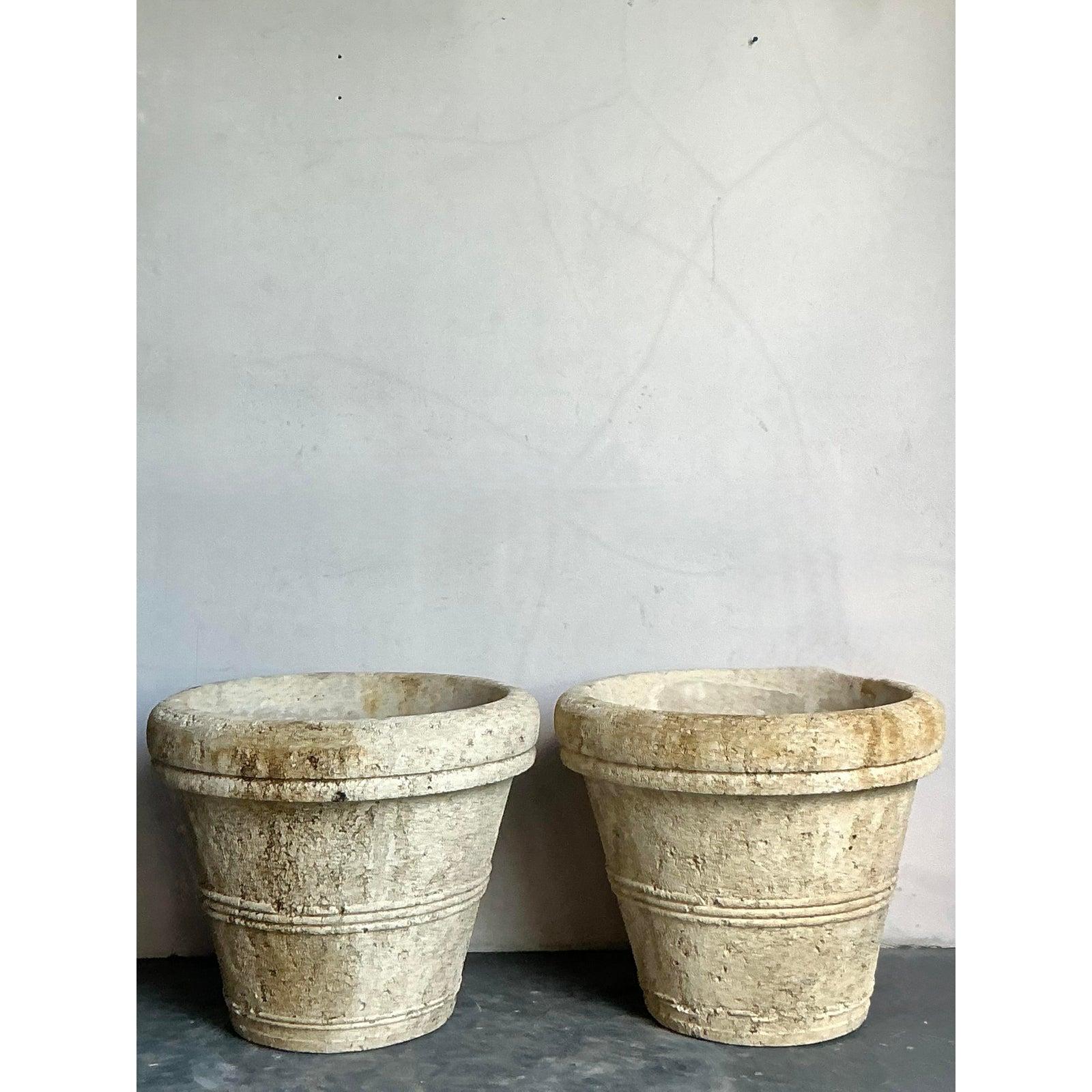 Vintage Boho Monumental Cast Concrete Planters - A Pair In Good Condition For Sale In West Palm Beach, FL
