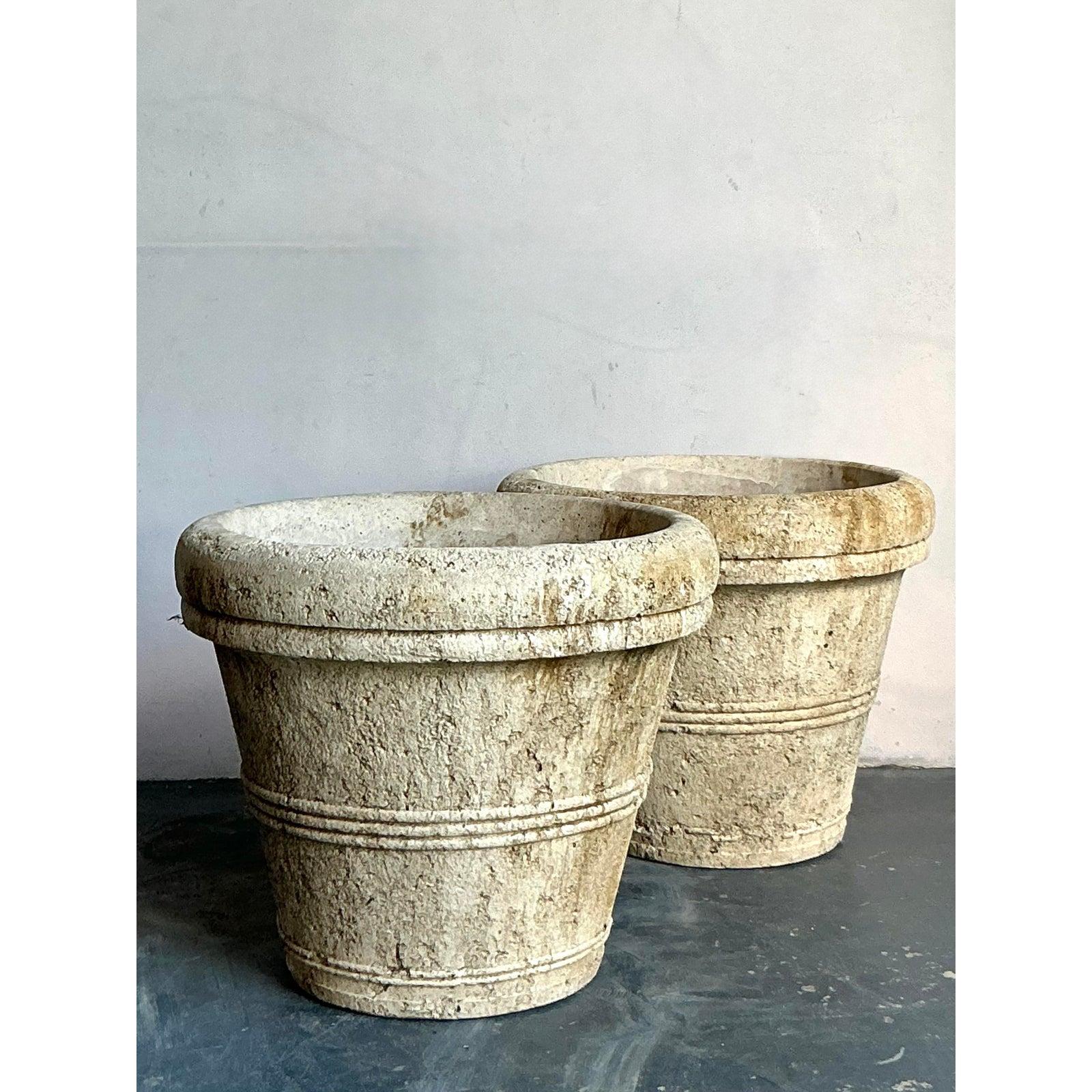 20th Century Vintage Boho Monumental Cast Concrete Planters - A Pair For Sale