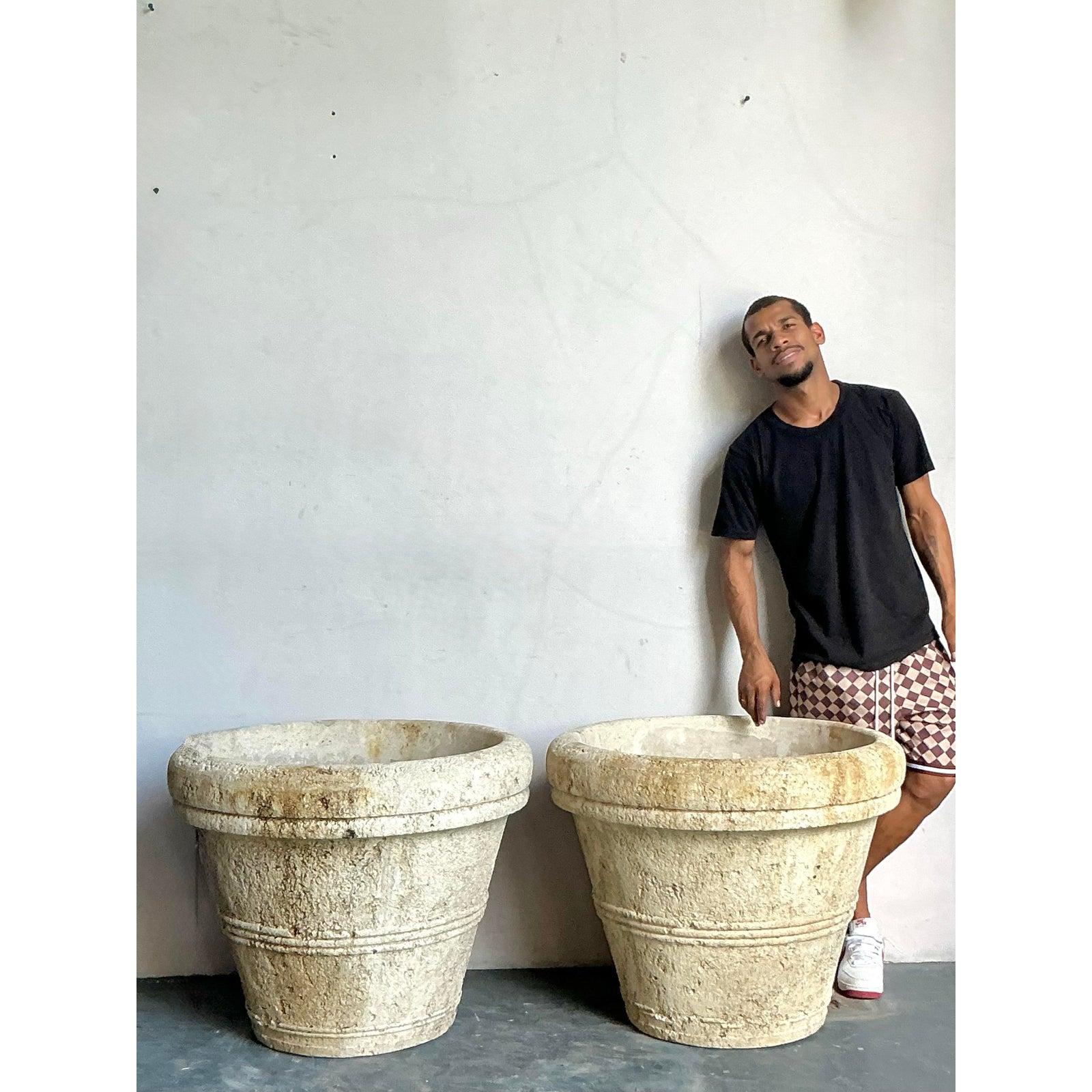 Vintage Boho Monumental Cast Concrete Planters - A Pair For Sale 2