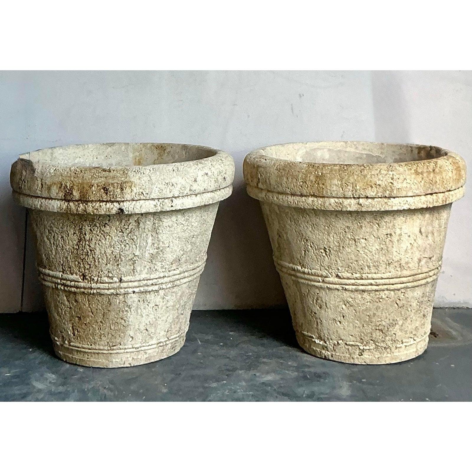 Vintage Boho Monumental Cast Concrete Planters - A Pair For Sale 3