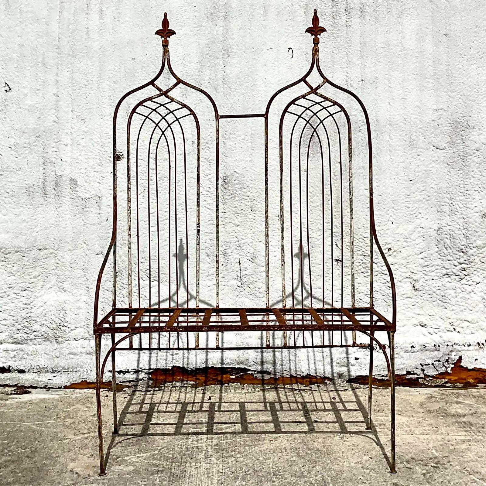 Fantastic vintage Boho Monumental Bench. A chic distressed patina from time. A high cathedral back and dried seat. Just add your cushion! Acquired from a Palm Beach estate.