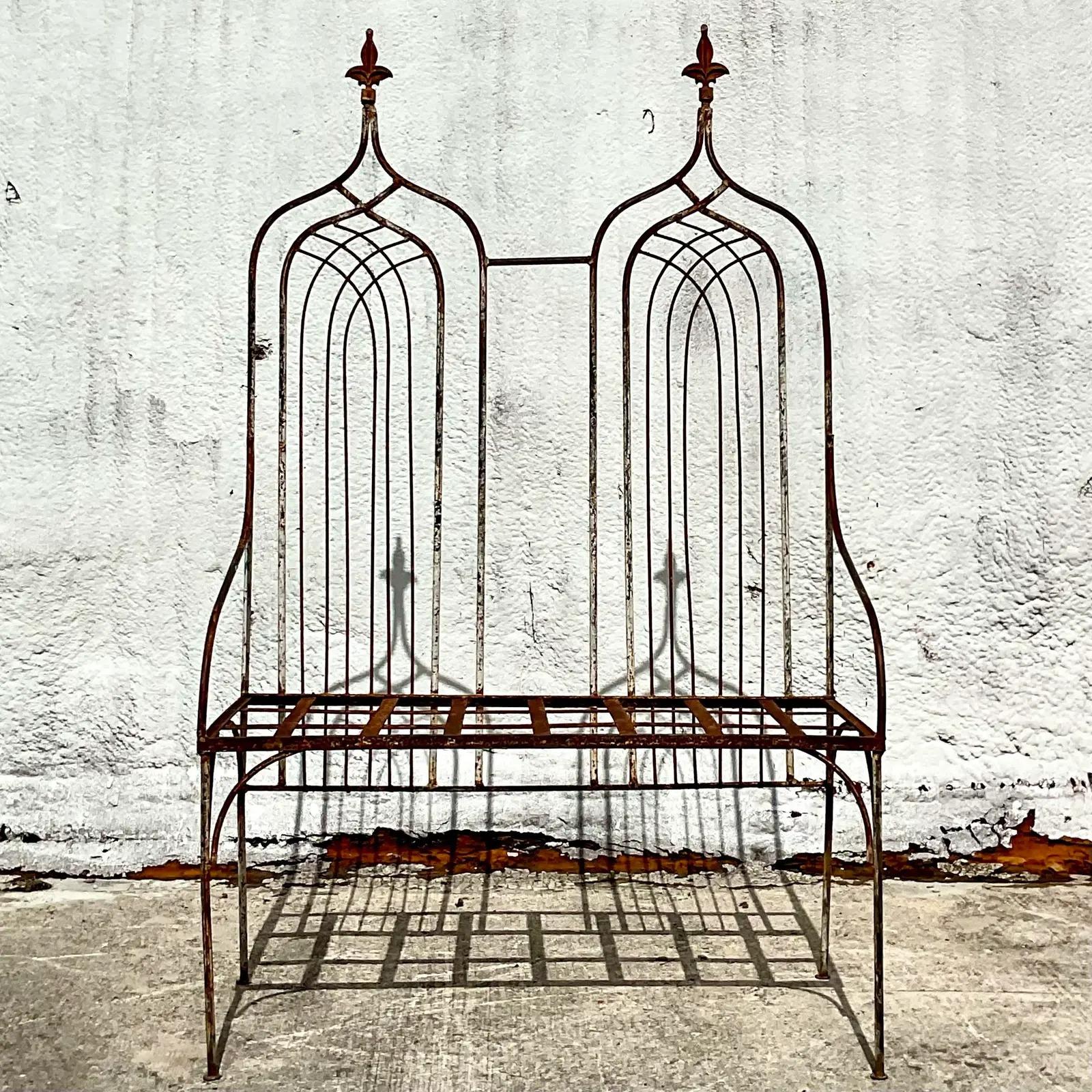 North American Vintage Boho Monumental Cathedral Back Distressed Wrought Iron Bench