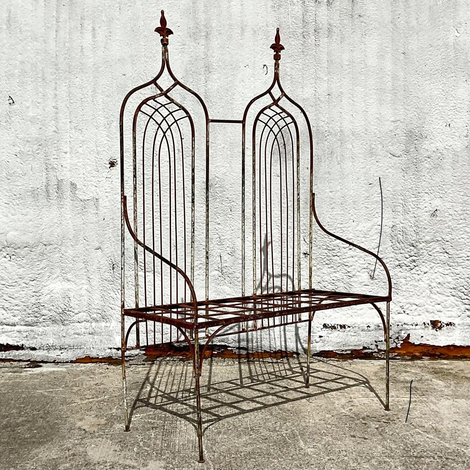 Vintage Boho Monumental Cathedral Back Distressed Wrought Iron Bench In Good Condition In West Palm Beach, FL