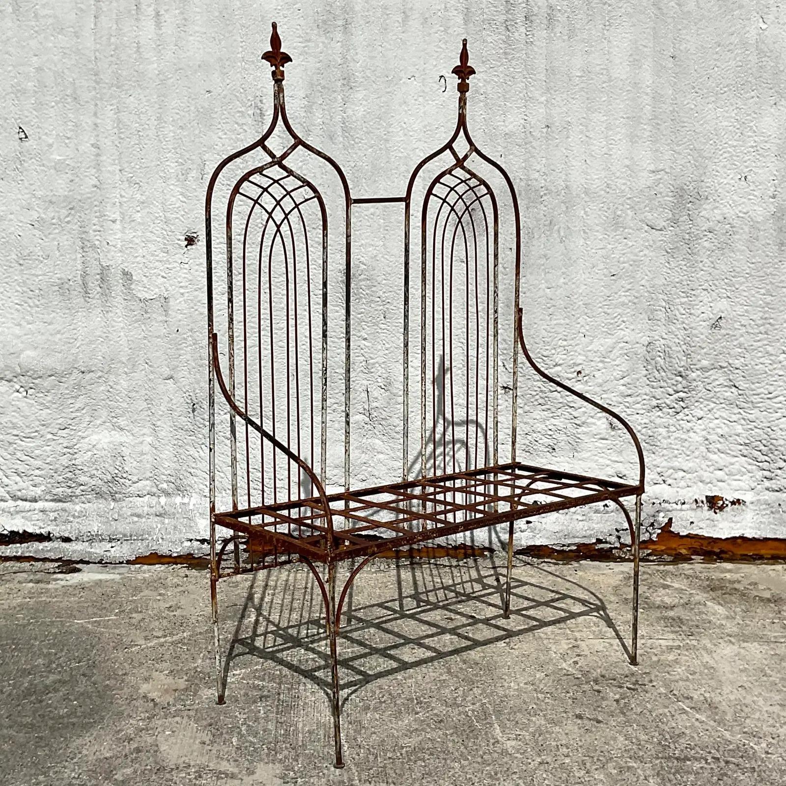 20th Century Vintage Boho Monumental Cathedral Back Distressed Wrought Iron Bench