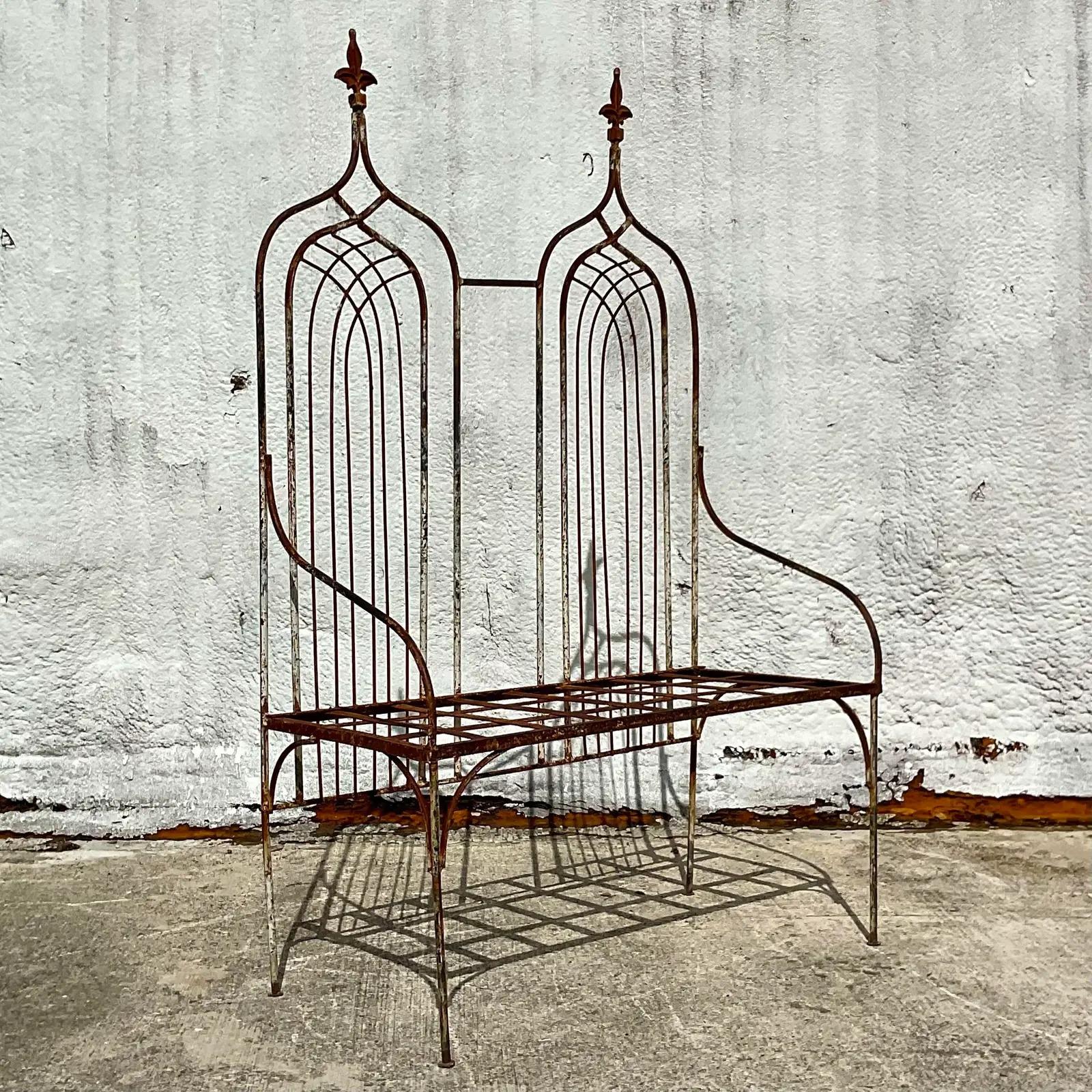 Vintage Boho Monumental Cathedral Back Distressed Wrought Iron Bench 1