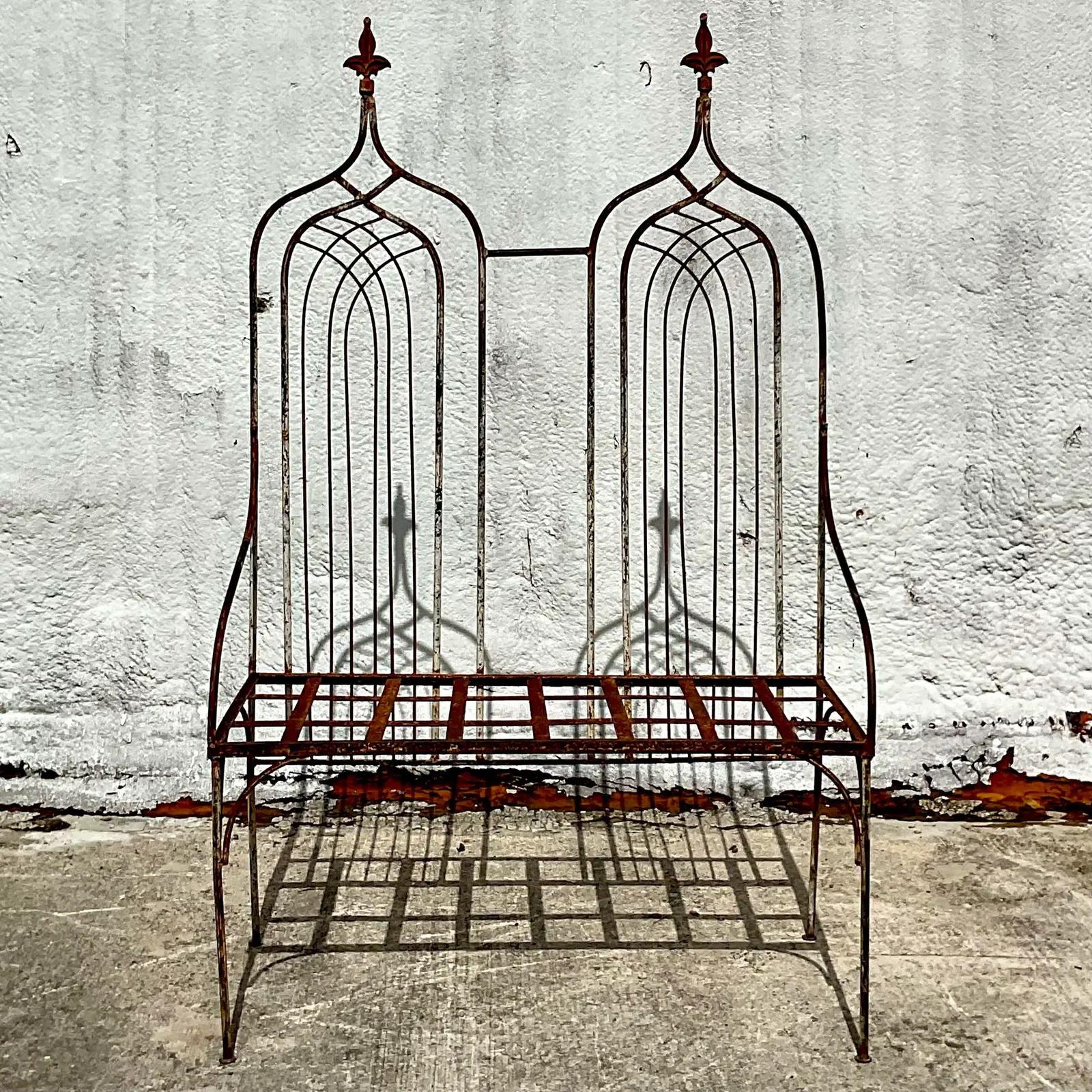 Vintage Boho Monumental Cathedral Back Distressed Wrought Iron Bench 2
