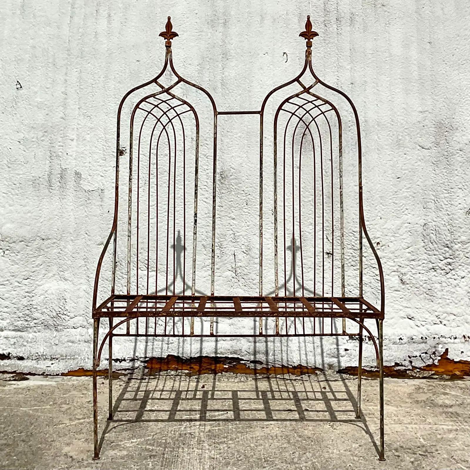 Vintage Boho Monumental Cathedral Back Distressed Wrought Iron Bench 3