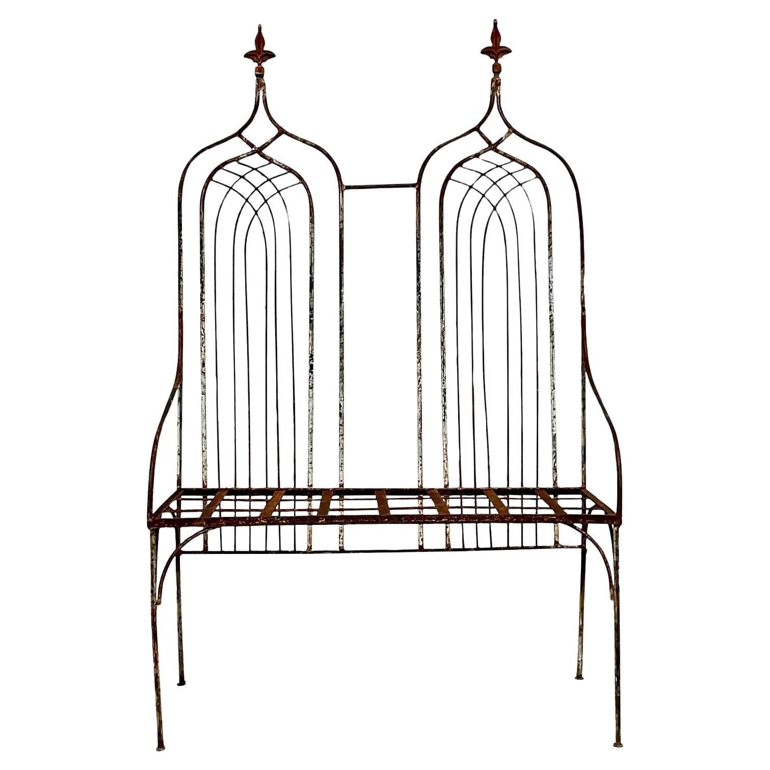 Vintage Boho Monumental Cathedral Back Distressed Wrought Iron Bench