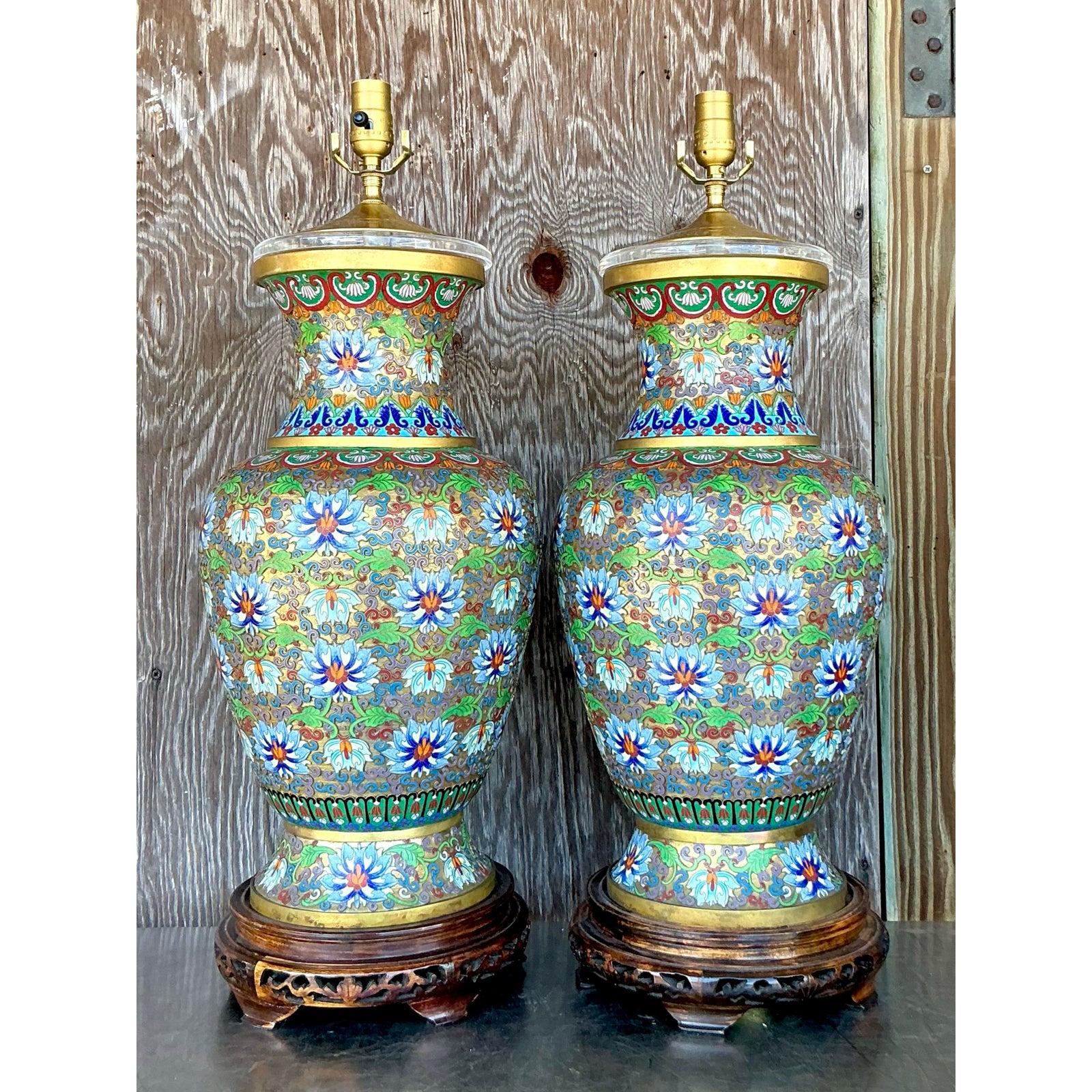 Lampade Cloisonné monumentali Boho d'epoca - Una coppia in vendita 3
