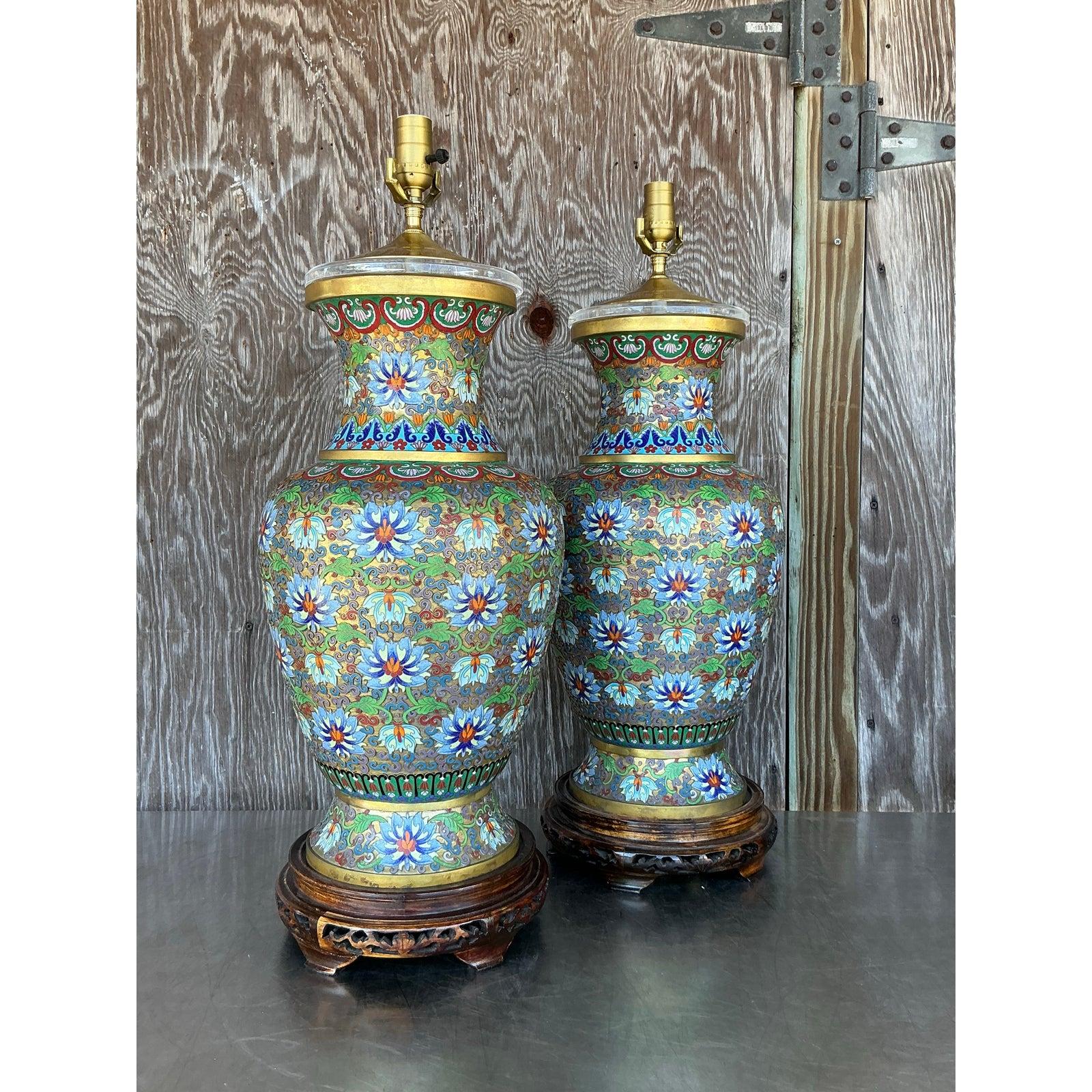 Cineserie Lampade Cloisonné monumentali Boho d'epoca - Una coppia in vendita