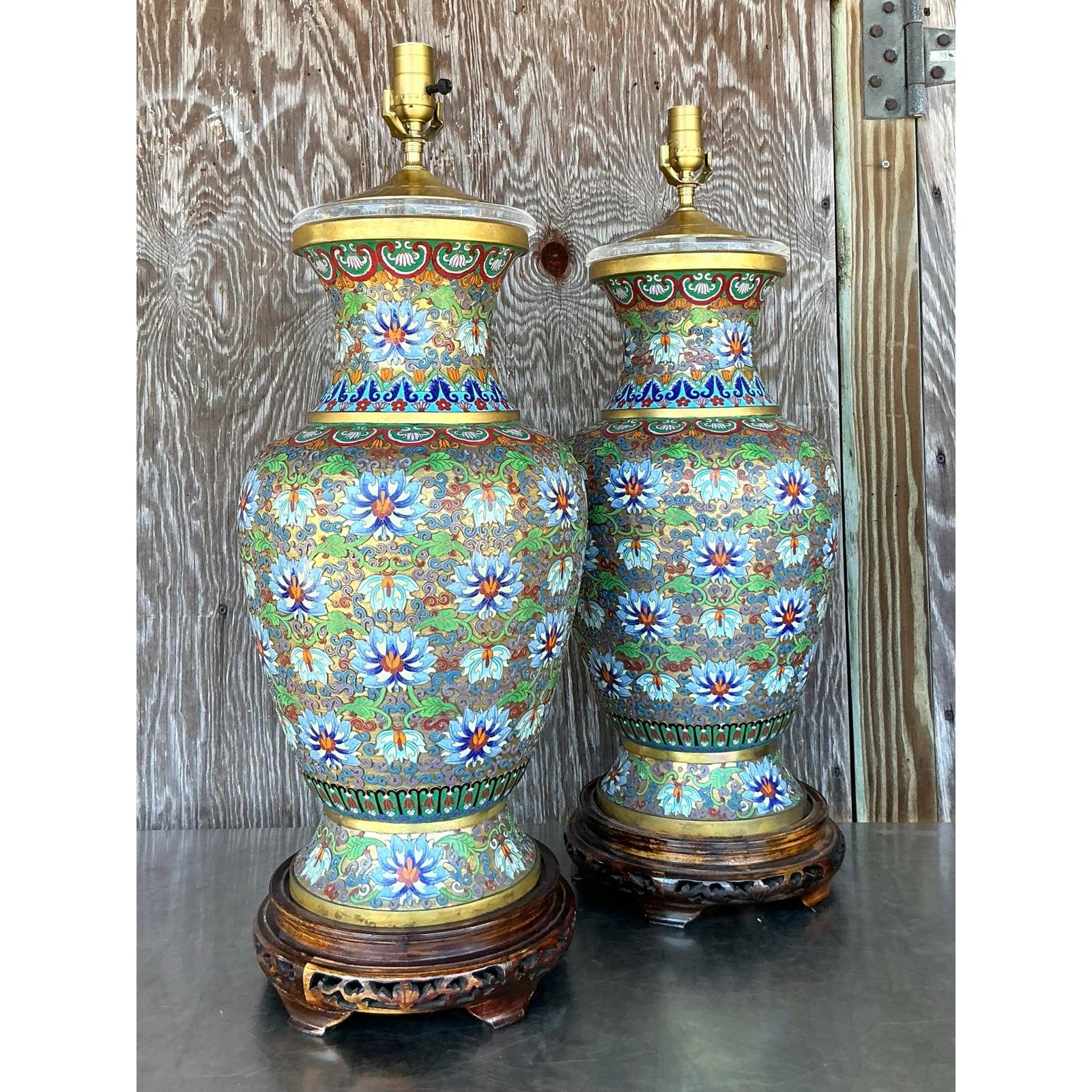 Lampade Cloisonné monumentali Boho d'epoca - Una coppia In condizioni buone in vendita a west palm beach, FL