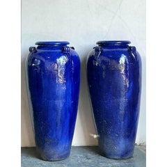 Vintage Boho Monumental Cobalt Glazed Ceramic Urns - A Pair