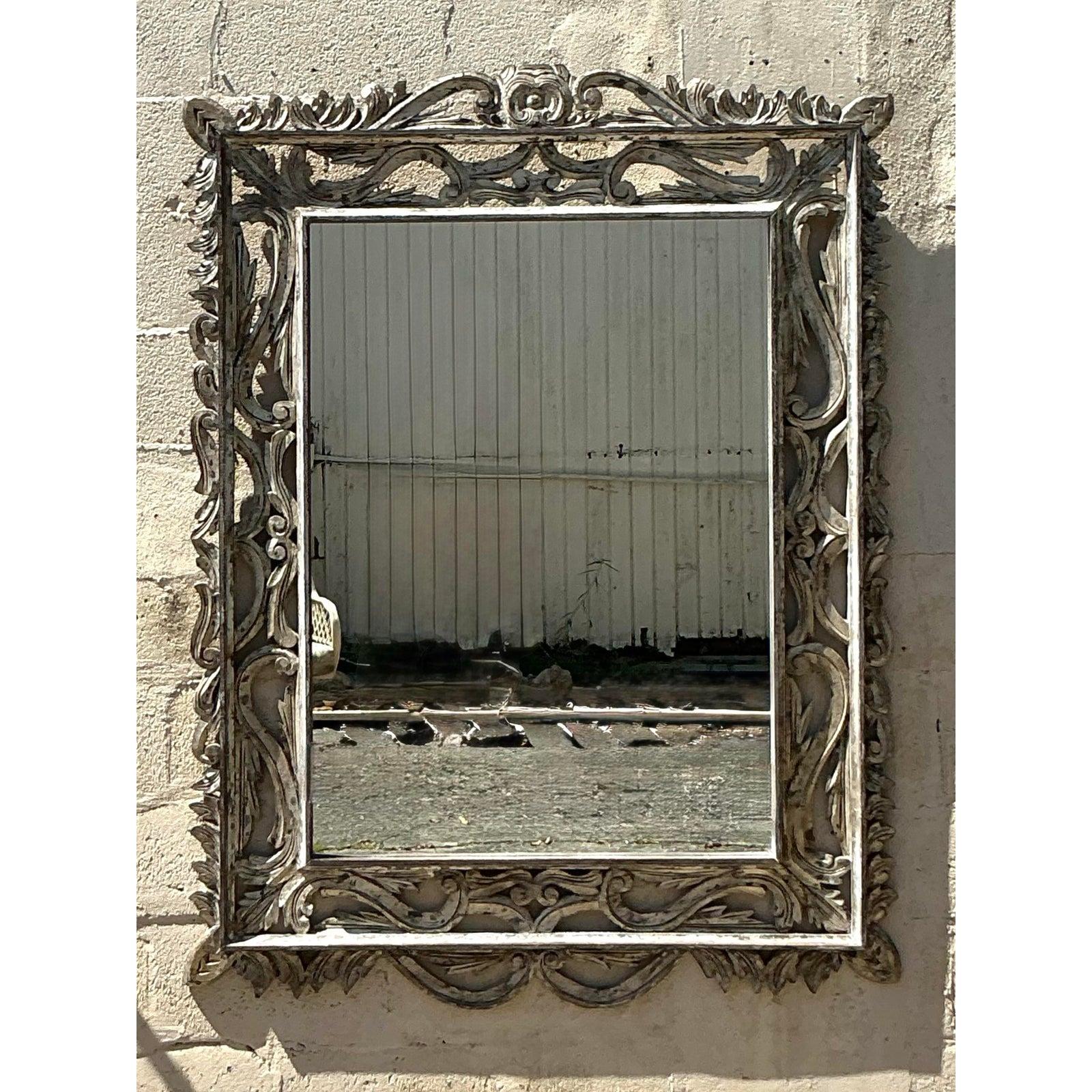 Organique Miroir monumental bohème en bois vieilli vintage en vente