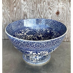 Vintage Boho Monumental Doulton Burslem Blue and White Centerpiece Bowl
