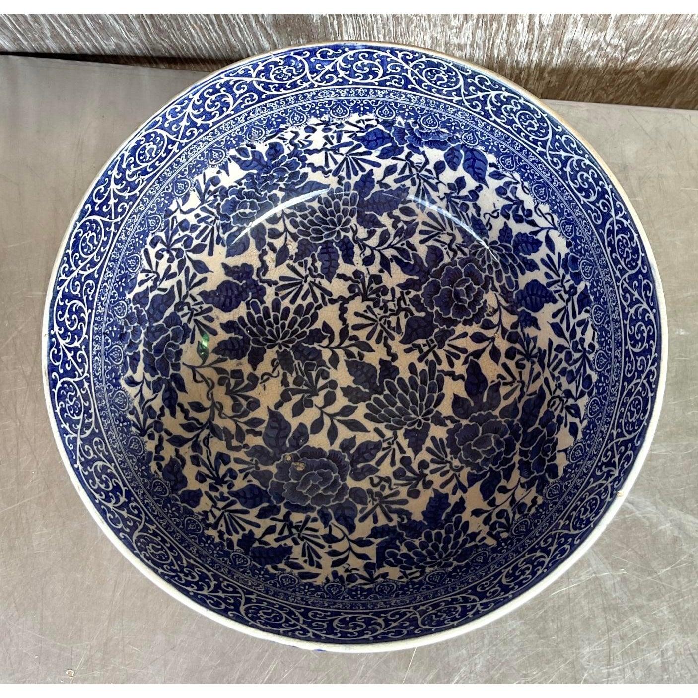 British Vintage Boho Monumental Doulton Burslem Blue and White Centerpiece Bowl