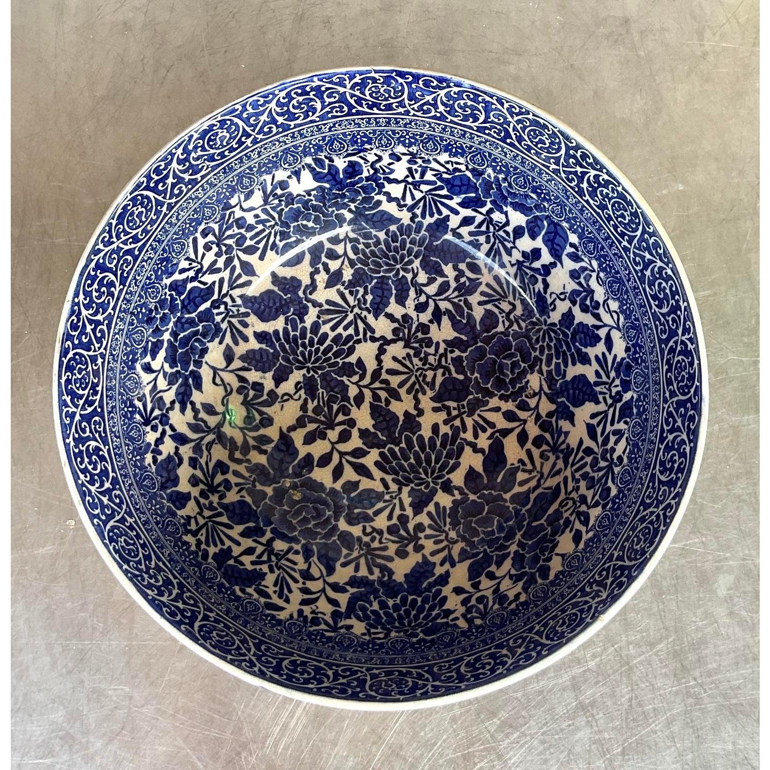 20th Century Vintage Boho Monumental Doulton Burslem Blue and White Centerpiece Bowl