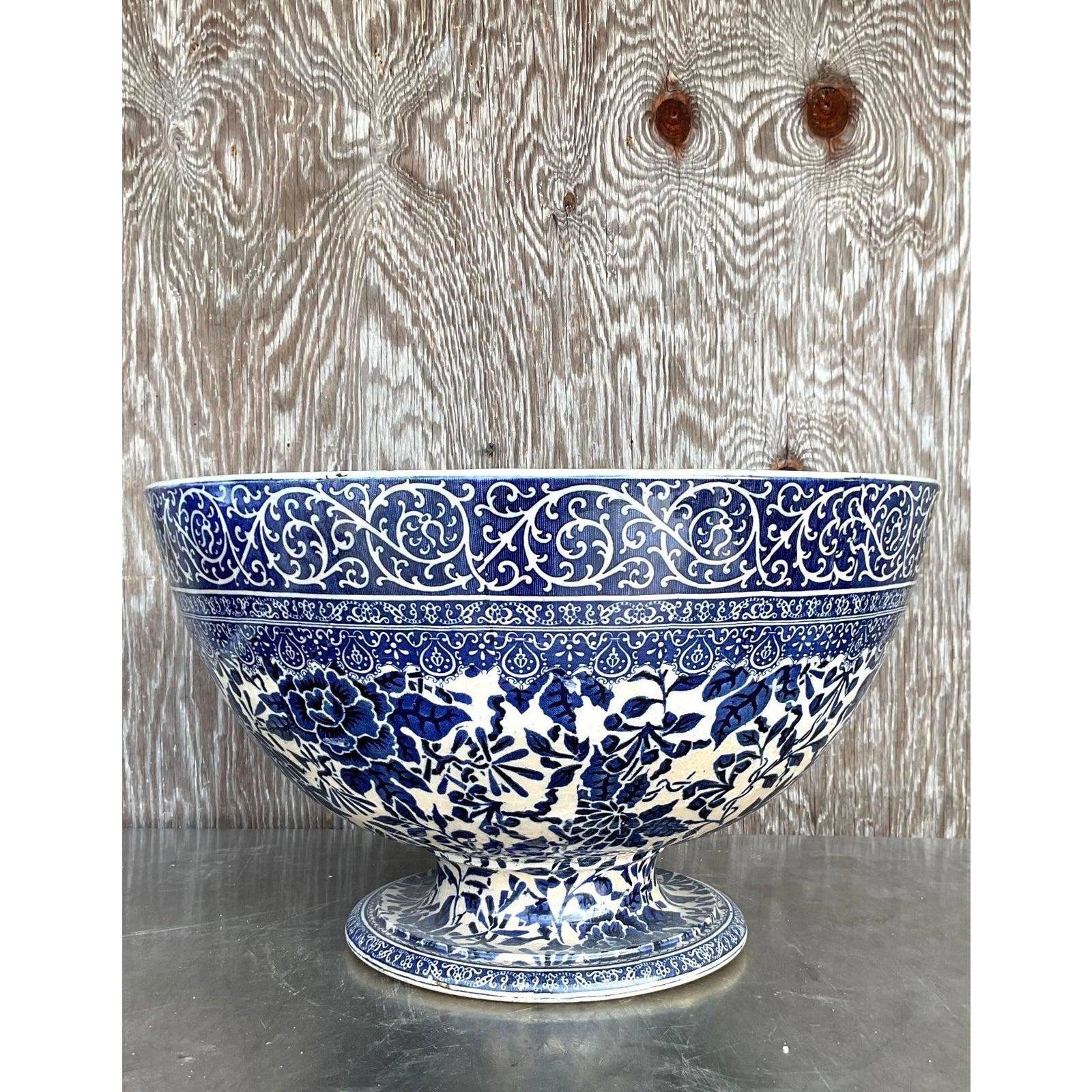Porcelain Vintage Boho Monumental Doulton Burslem Blue and White Centerpiece Bowl