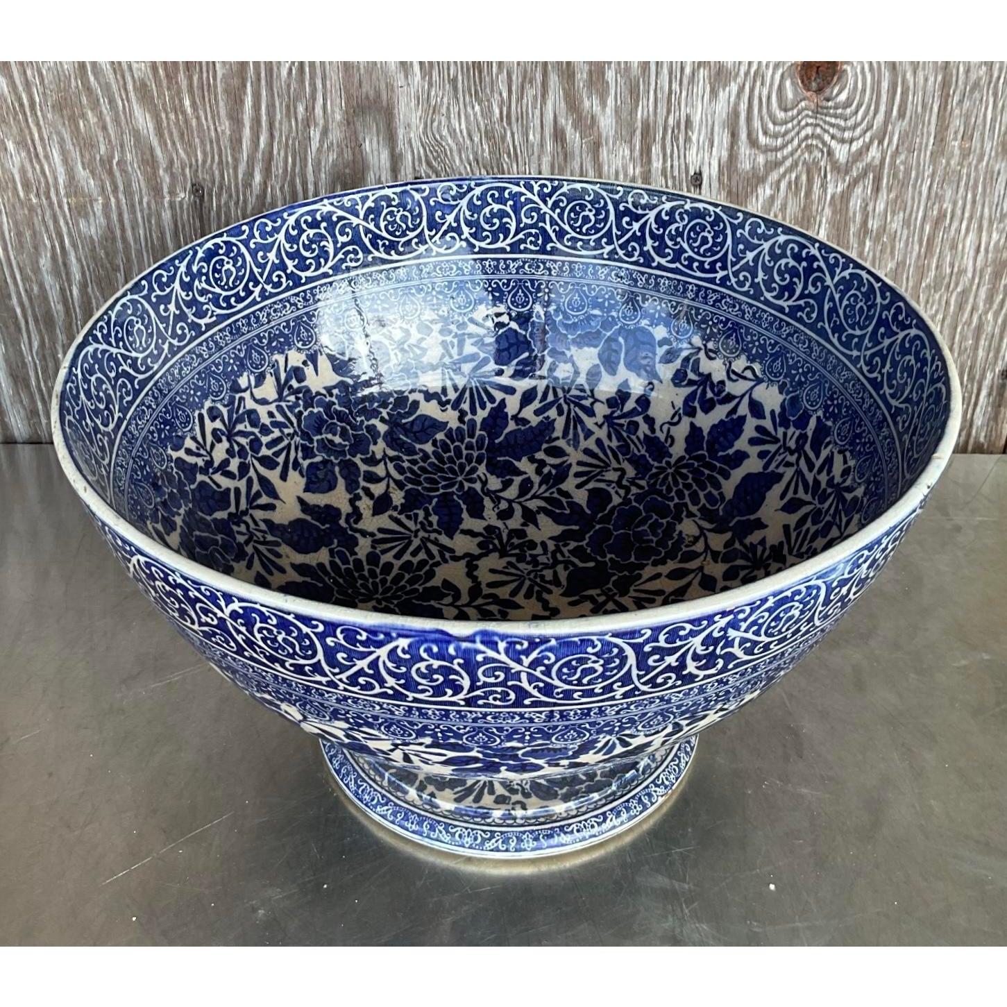 Vintage Boho Monumental Doulton Burslem Blue and White Centerpiece Bowl 1