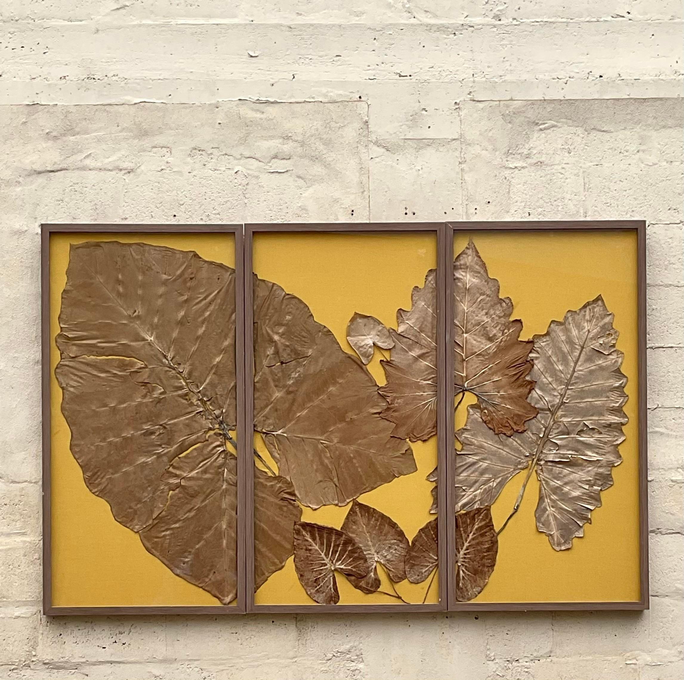 Vintage Boho Monumental Getrocknete Blätter Triptychon im Angebot 3