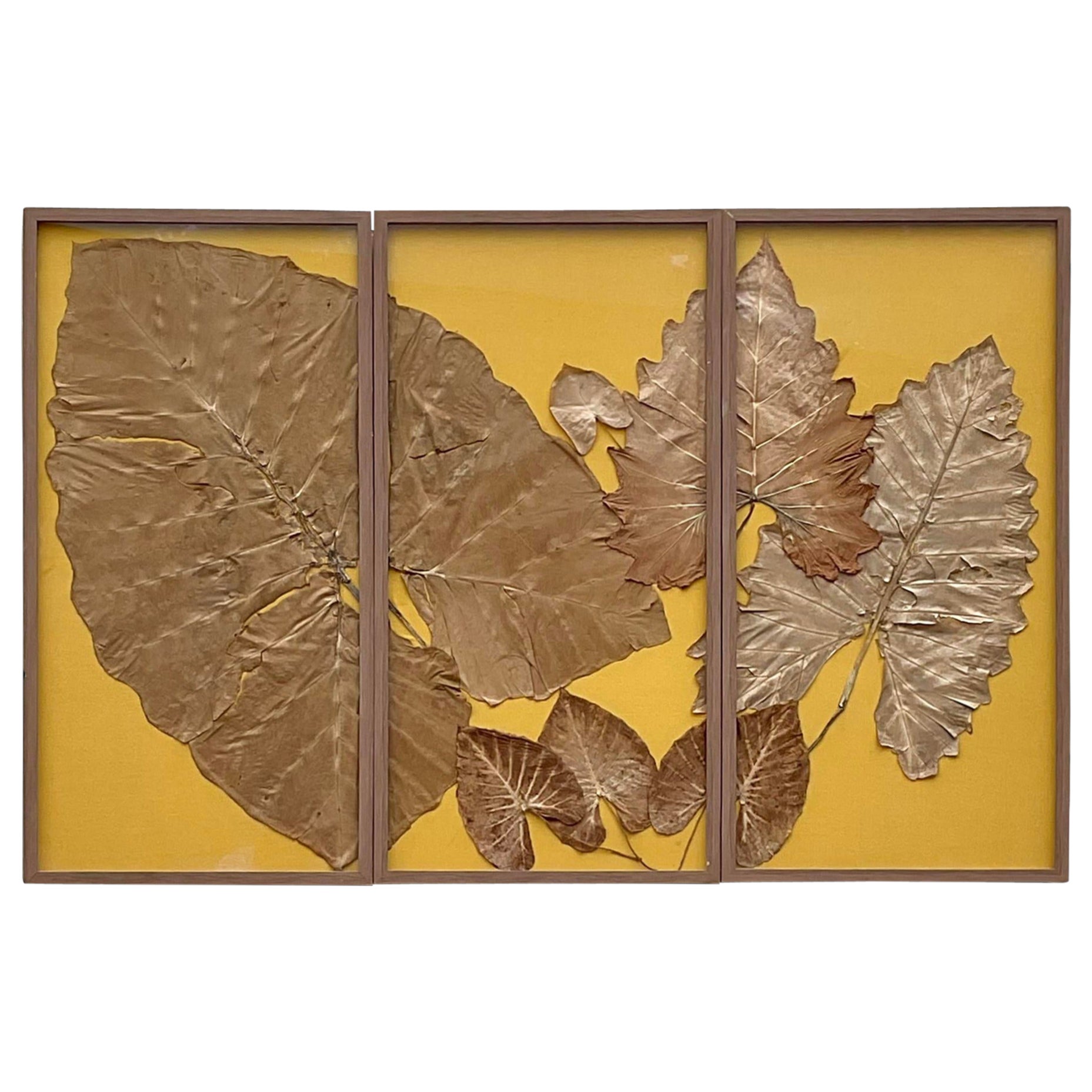 Vintage Boho Monumental Getrocknete Blätter Triptychon im Angebot