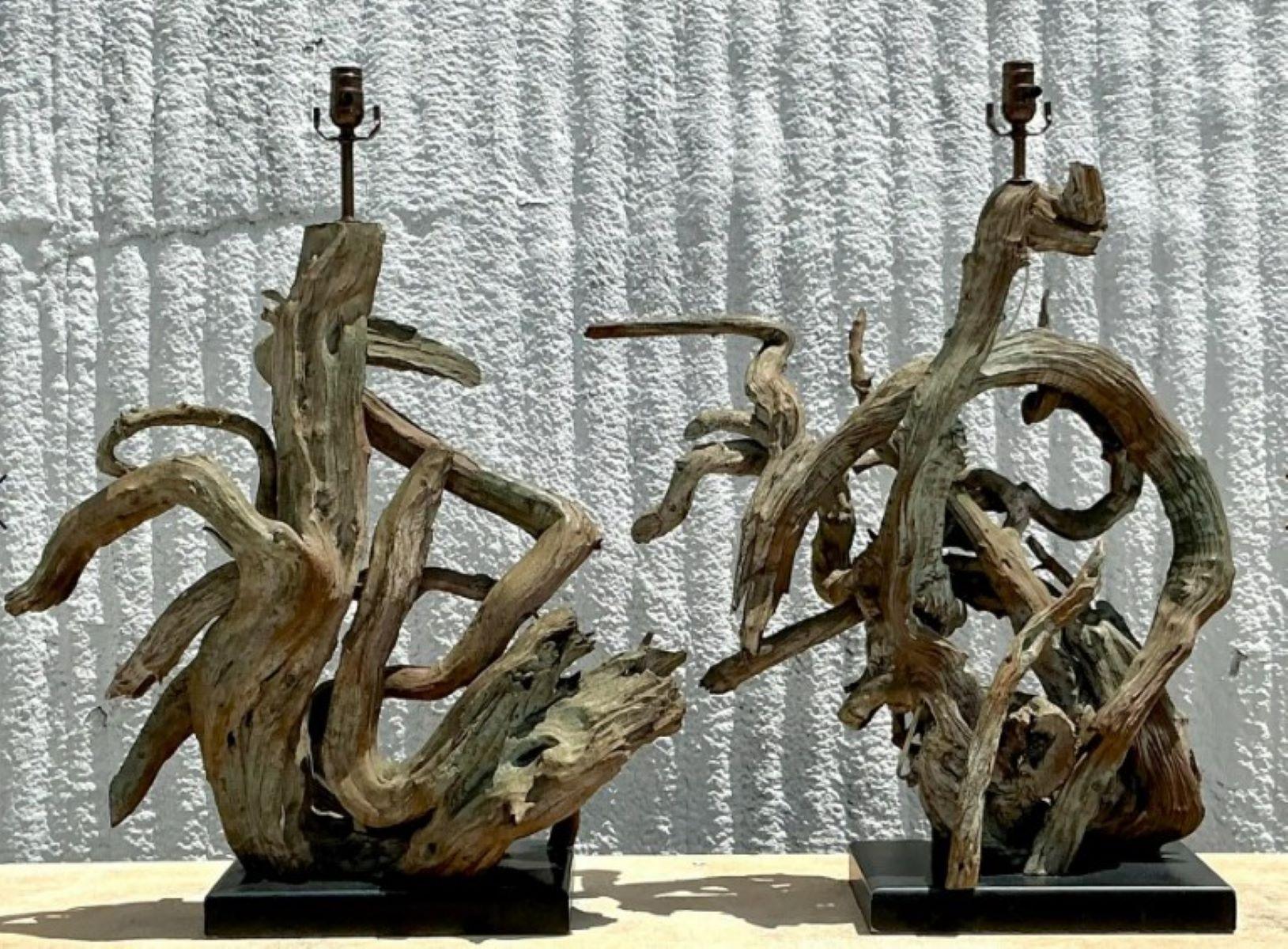 Porta il dramma naturale e la forma organica nel tuo spazio con questa sorprendente coppia di lampade vintage monumentali in legno di deriva. Ogni lampada è una composizione scultorea unica nel suo genere, composta da legni di deriva selezionati a