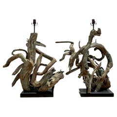 Lámparas monumentales vintage boho de madera de deriva - Pareja