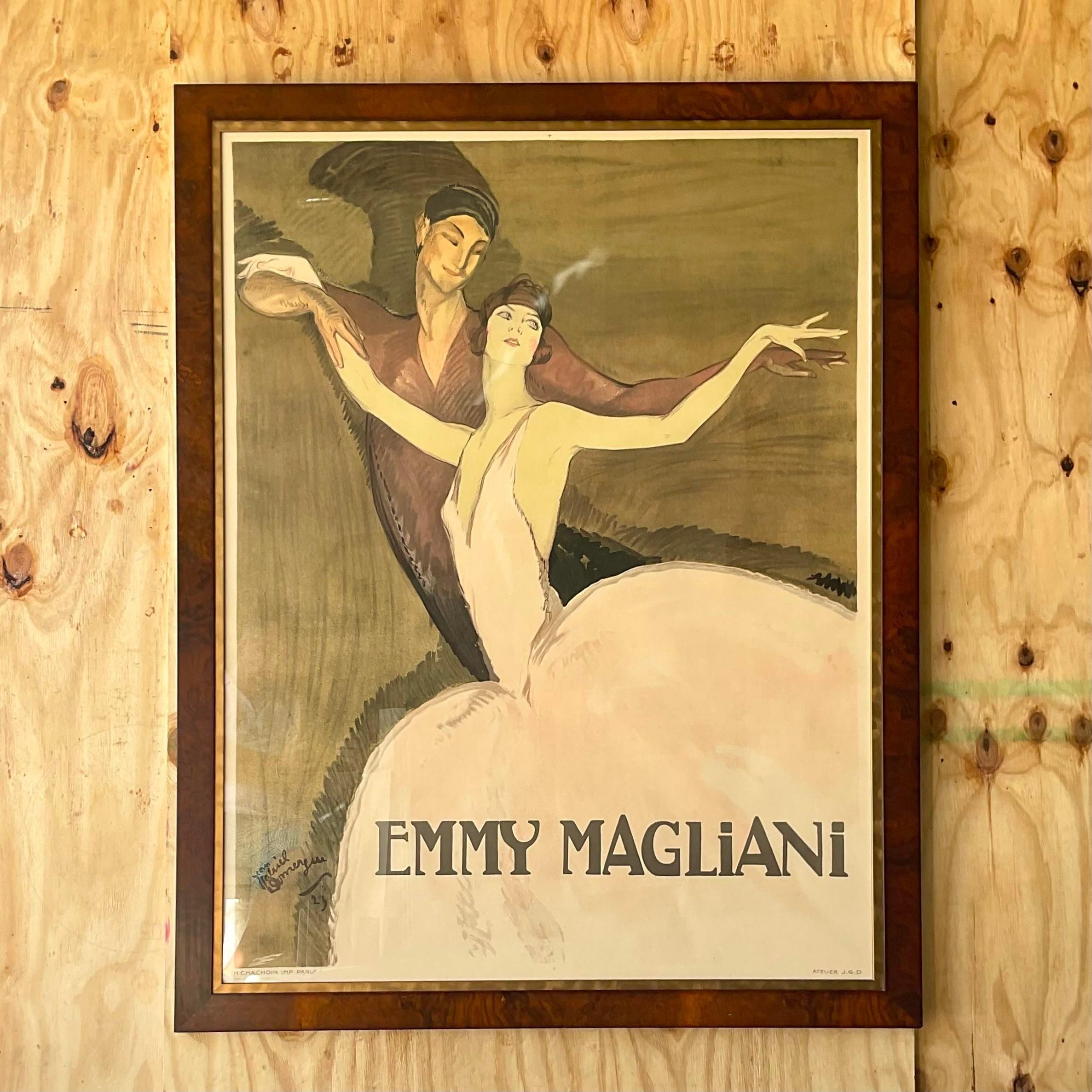 A stunning vintage Boho French advertisement poster. A chic image for thr Emmy Magliani ballet. Beautifully framed in a rich Burl wood. Acquired from a Palm Beach estate.