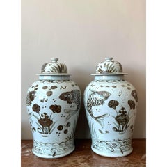 Vintage Boho Monumental Glazed Ceramic Hand Painted Urns - A Pair