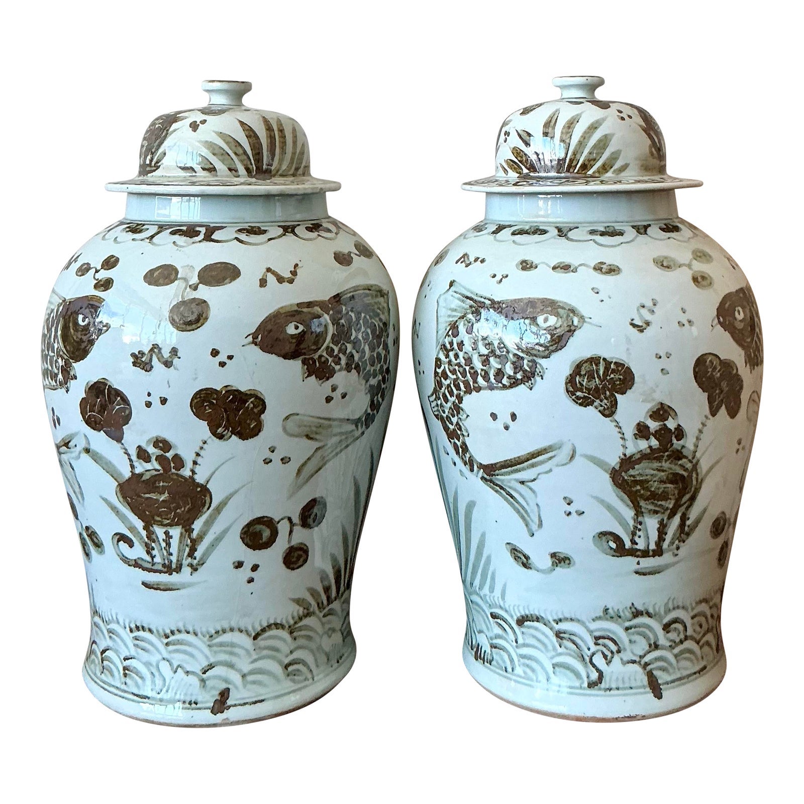 Vintage Boho Monumental Glazed Ceramic Hand Painted Urns - A Pair