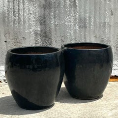 Vintage Boho Monumental Glazed Ceramic Planters - A Pair