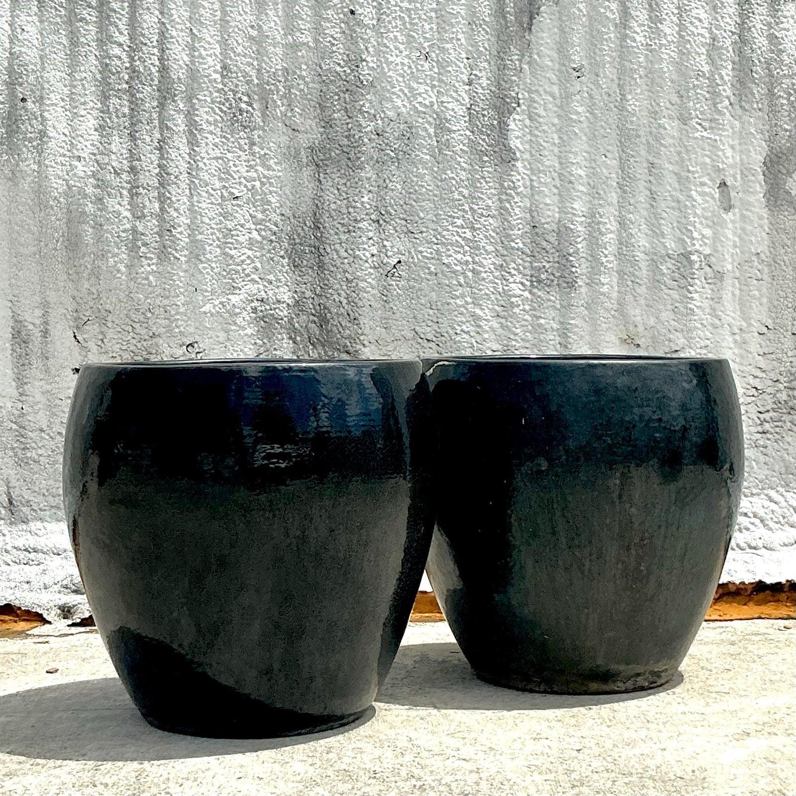 Paire de jardinières monumentales Boho en céramique émaillée vintage Bon état - En vente à West Palm Beach, FL