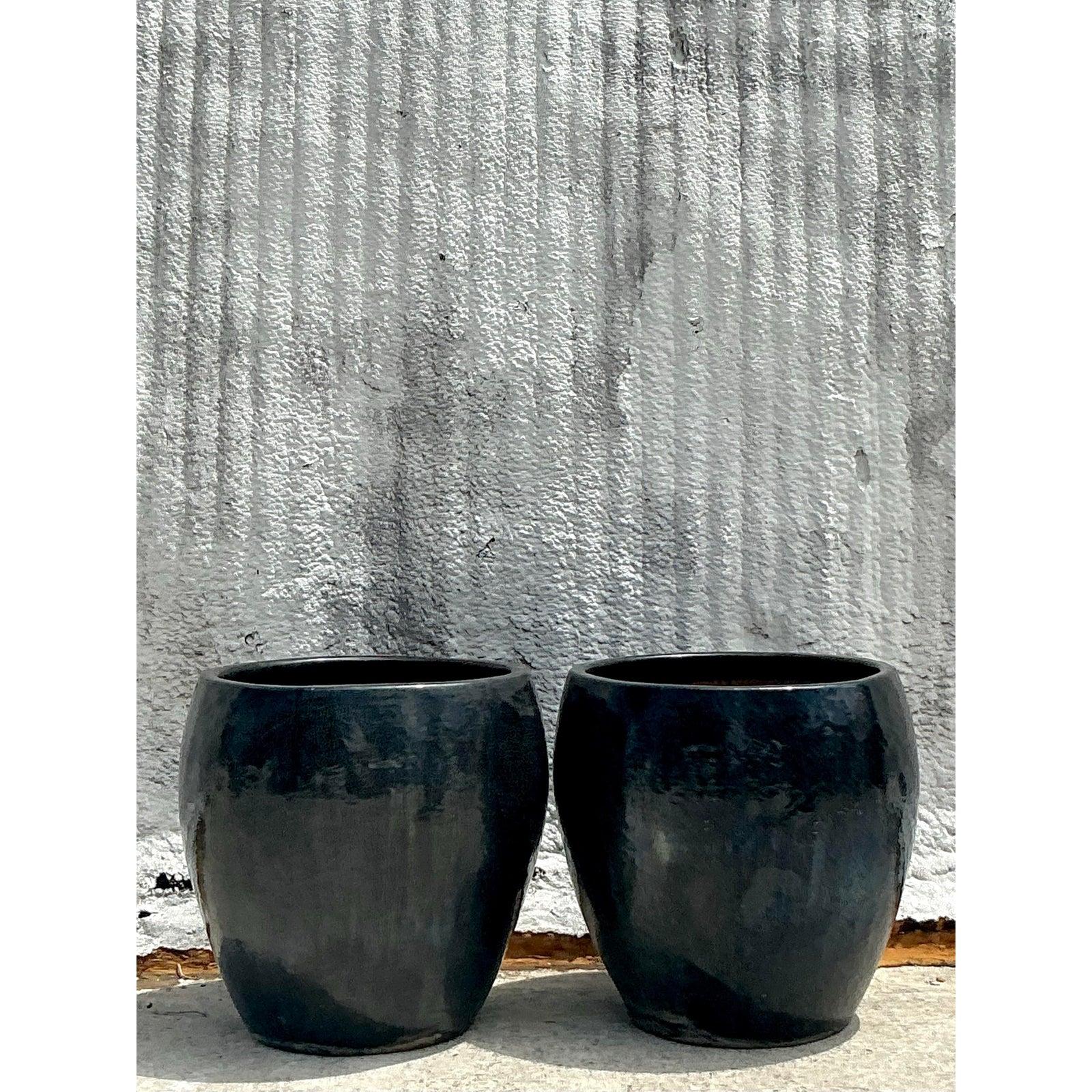 Paire de jardinières monumentales Boho en céramique émaillée vintage en vente 1