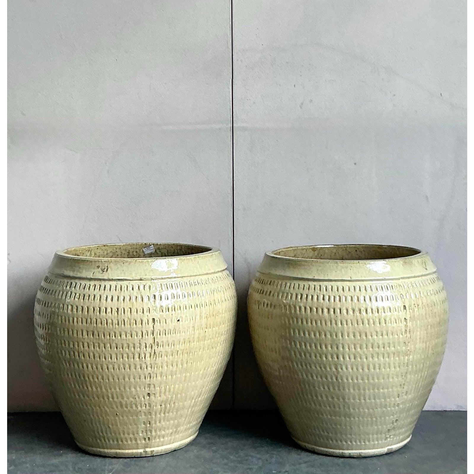 Vintage Boho Monumental Maceteros de Cerámica Esmaltada - Un Par Cerámico en venta