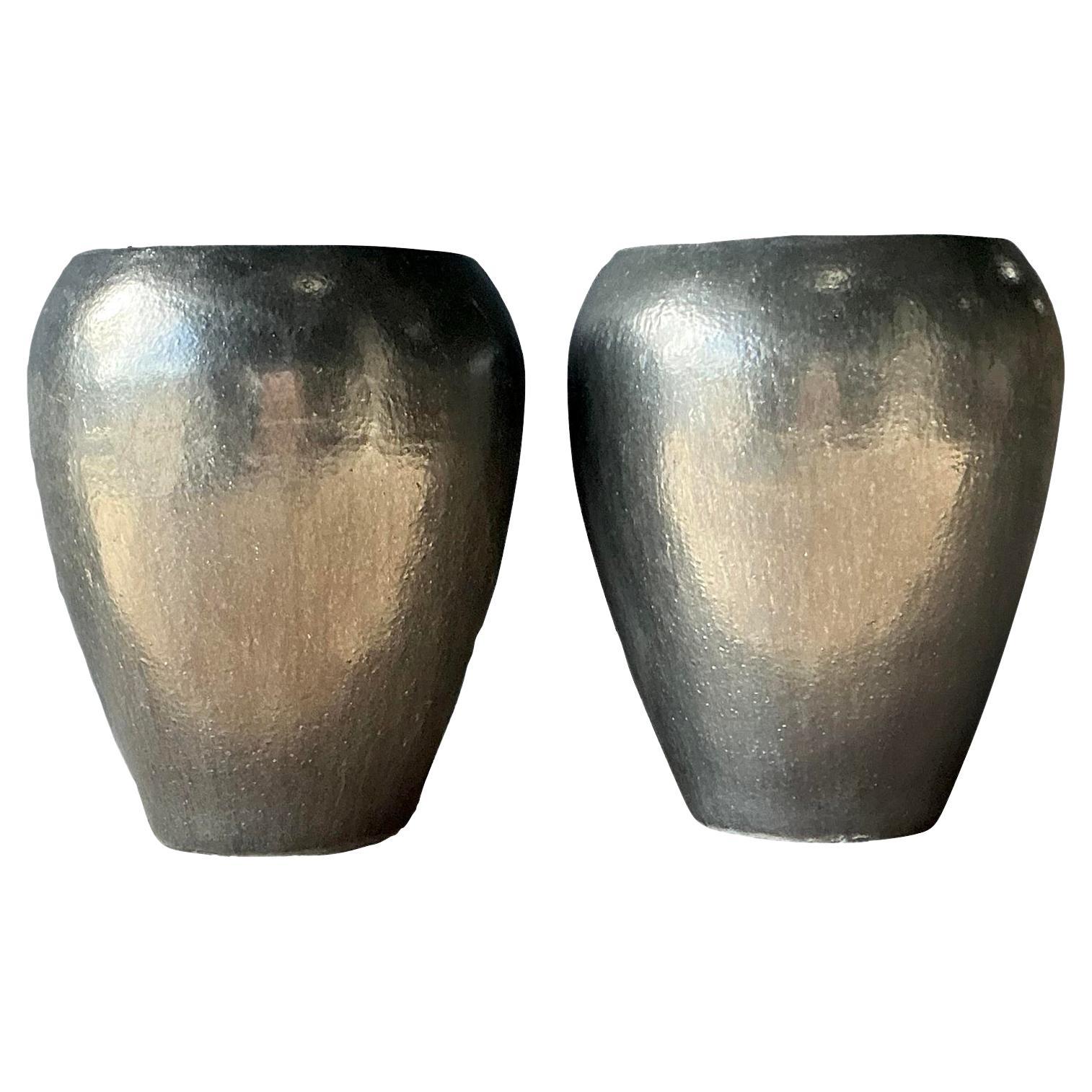 Paire de jardinières monumentales Boho en céramique émaillée vintage