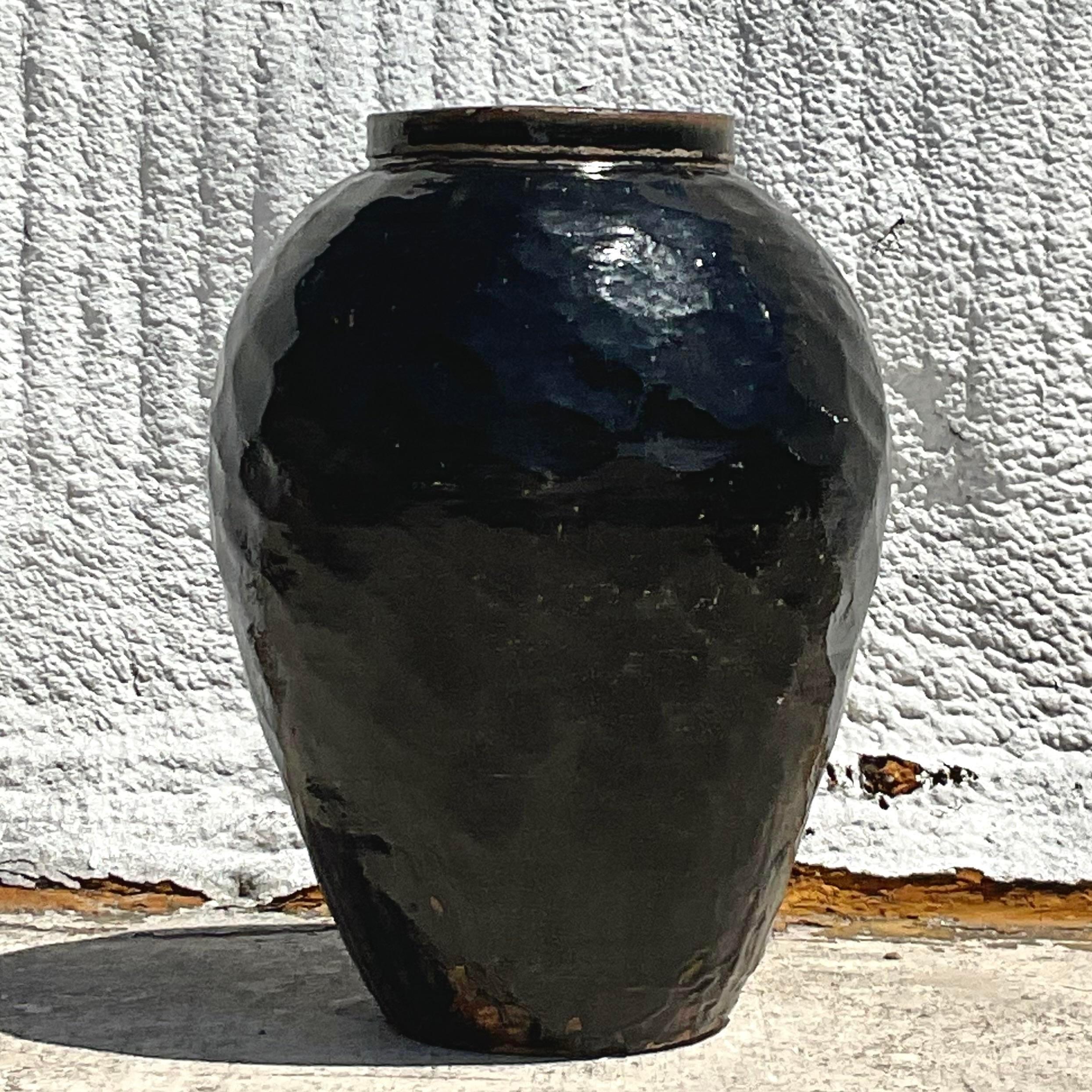 American Vintage Boho Monumental Glazed Terracotta Urn For Sale