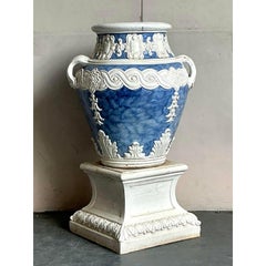Vintage Boho Monumental Glazed Terracotta Urn on Pedestal