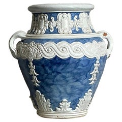 Vintage Boho Monumental Glazed Terracotta Urn on Pedestal