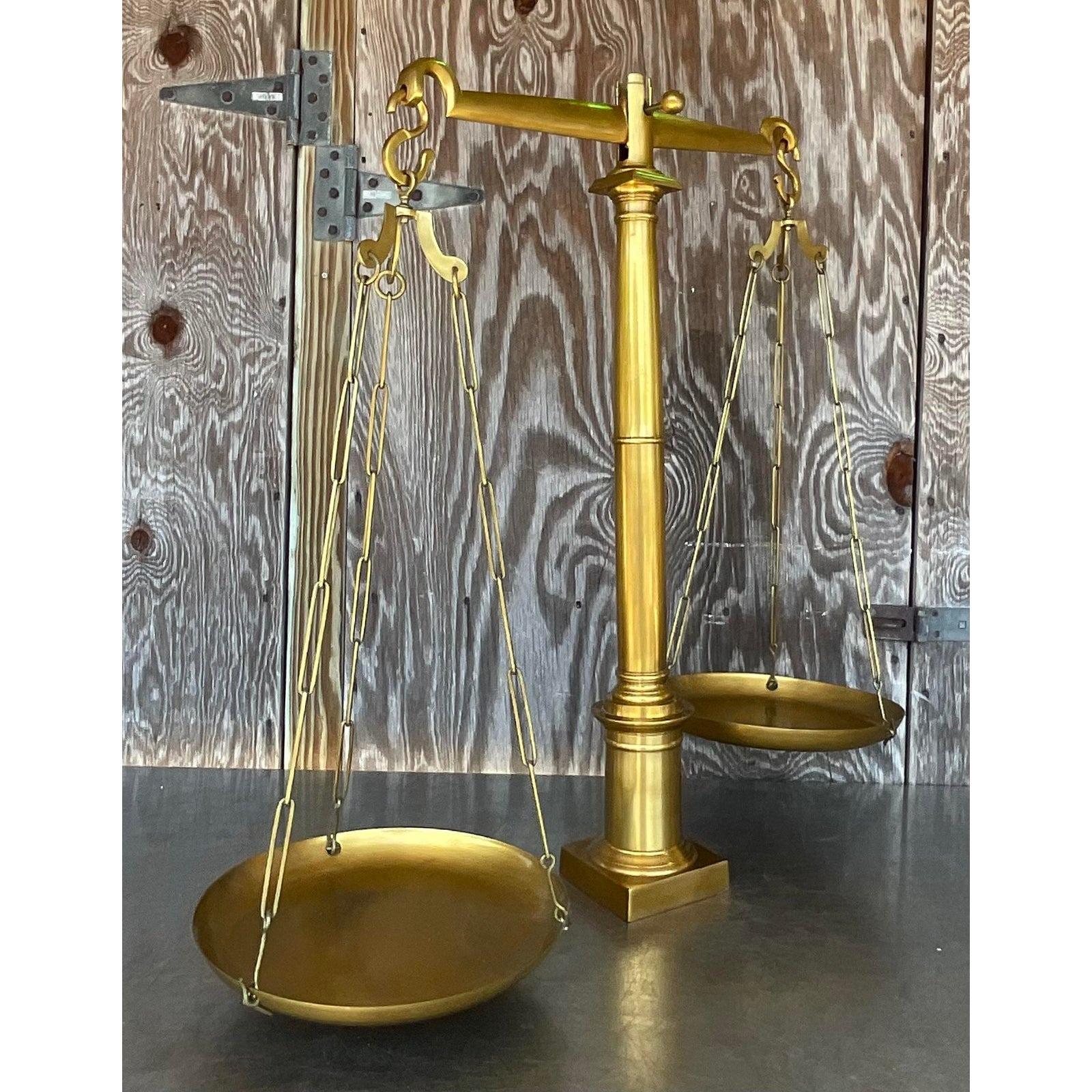 A fantastic vintage Boho Library scale. Monumental in size and drama. Made by the Global Views group. Handmade in solid brass. Acquired from a Palm Beach estate.