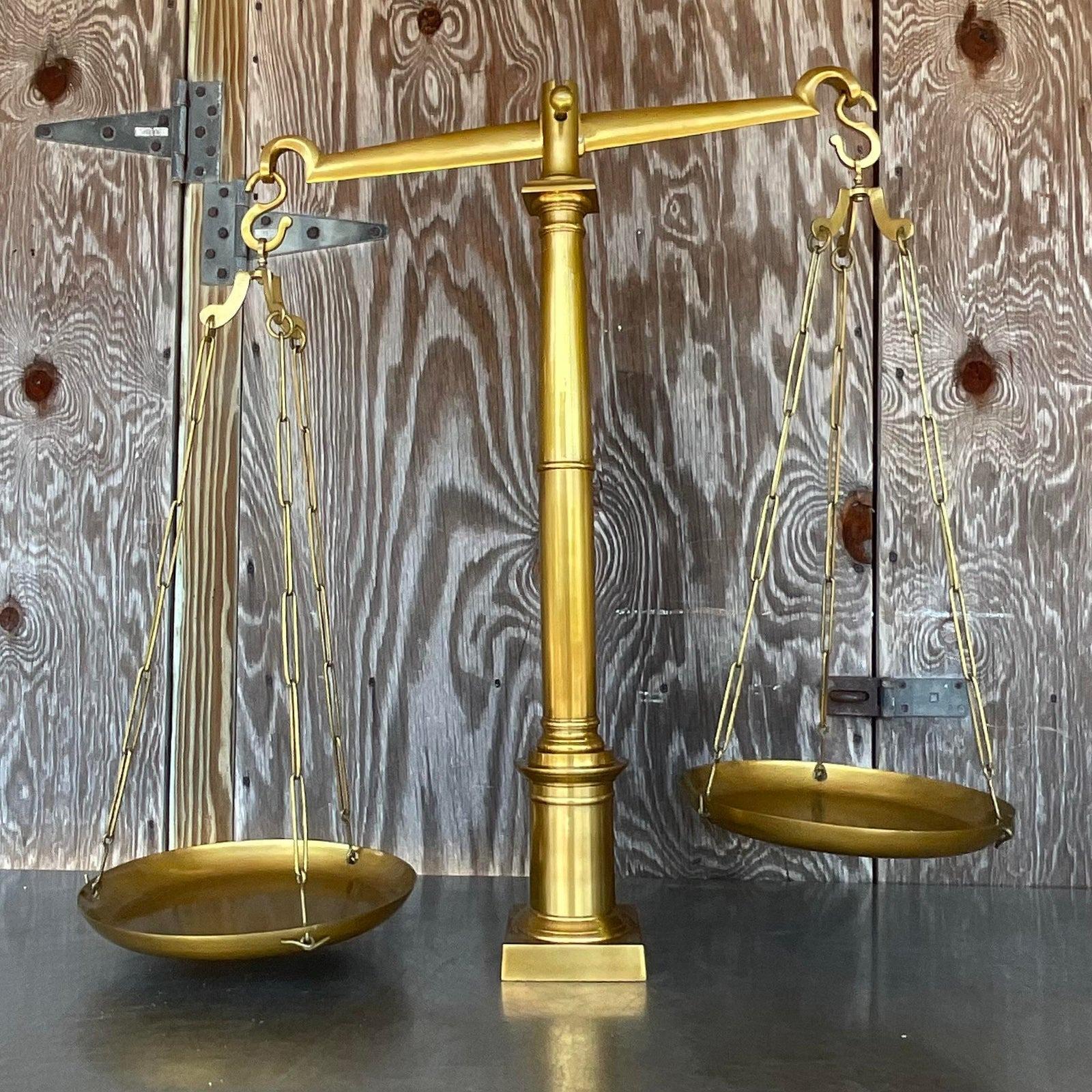 American Vintage Boho Monumental Global Views Solid Brass Library Scales For Sale