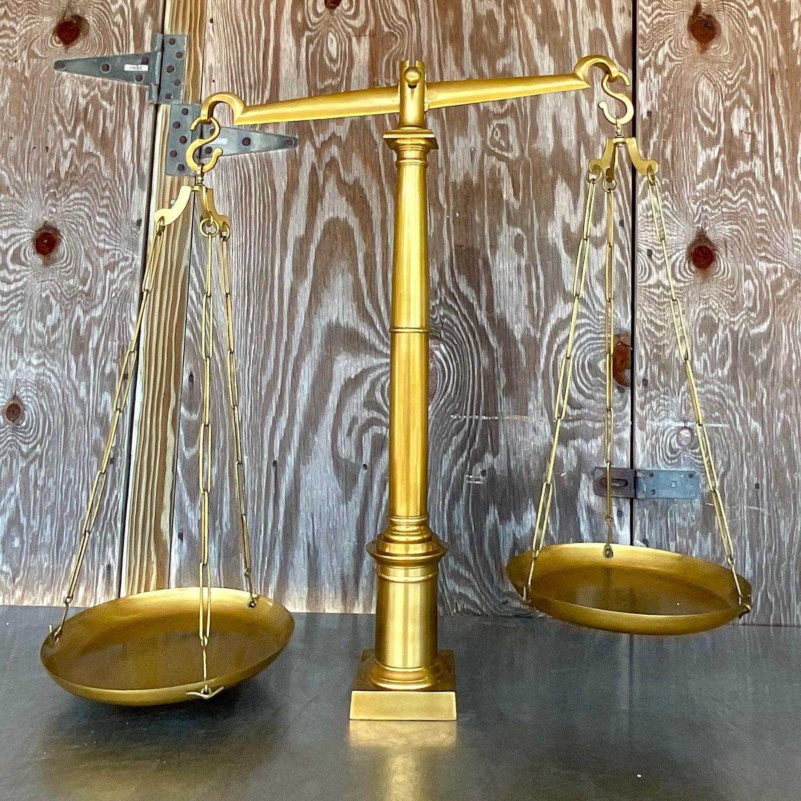 Vintage Boho Monumental Global Views Solid Brass Library Scales In Good Condition For Sale In west palm beach, FL