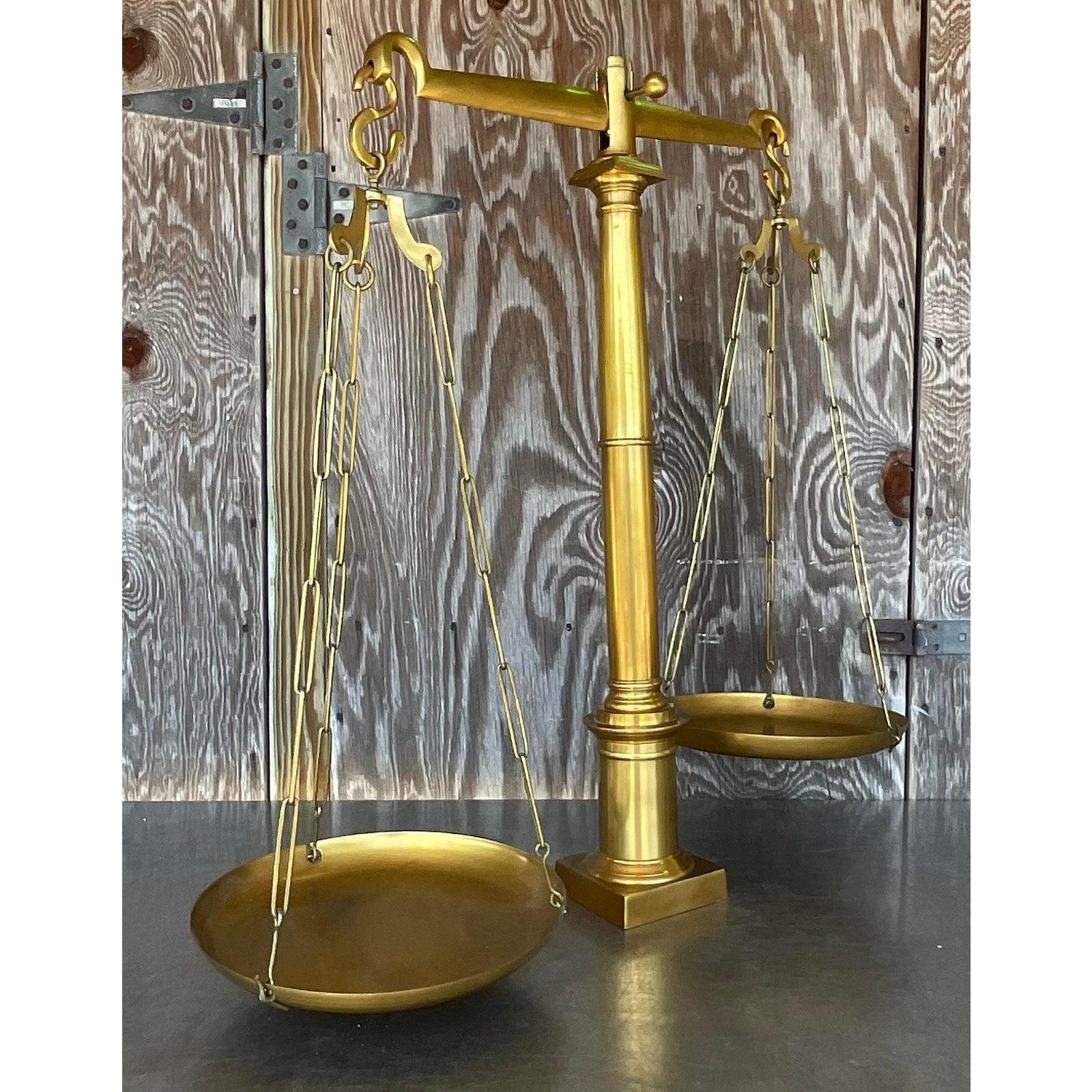 20th Century Vintage Boho Monumental Global Views Solid Brass Library Scales For Sale