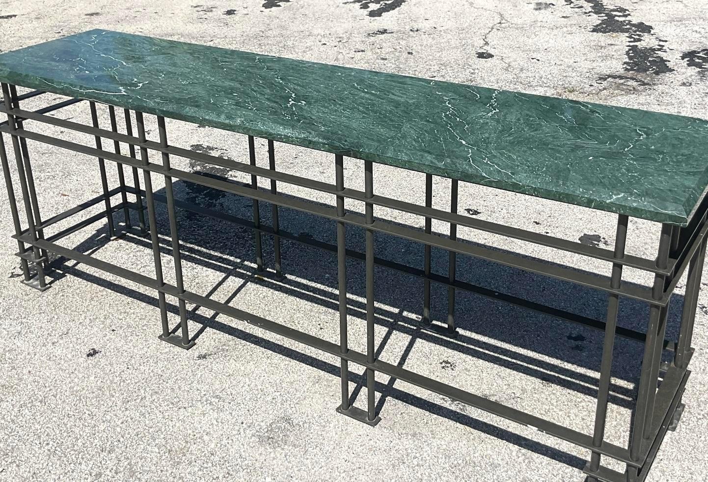 American Vintage Boho Monumental Green Marble Wrought Iron Console Table For Sale
