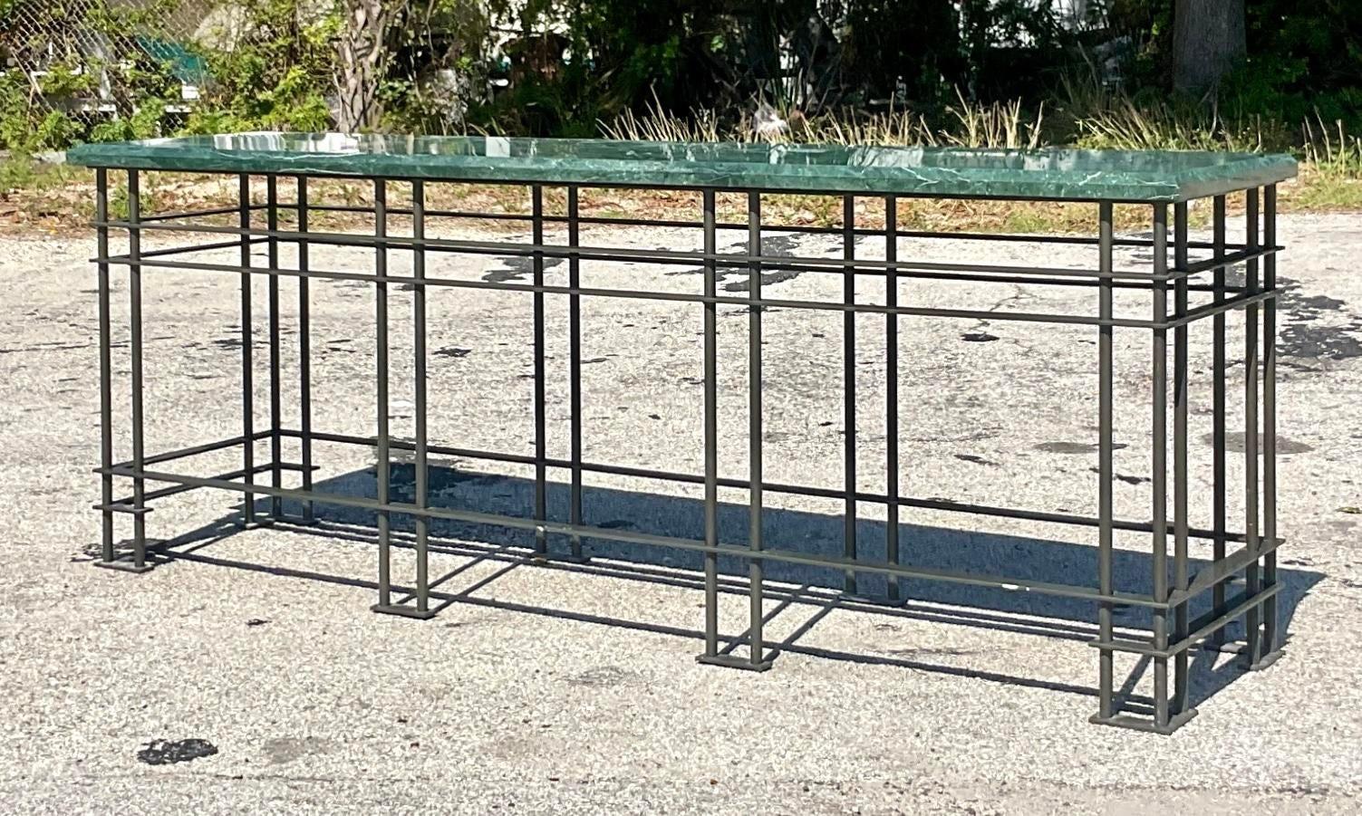 Vintage Boho Monumental Green Marble Wrought Iron Console Table In Good Condition For Sale In west palm beach, FL