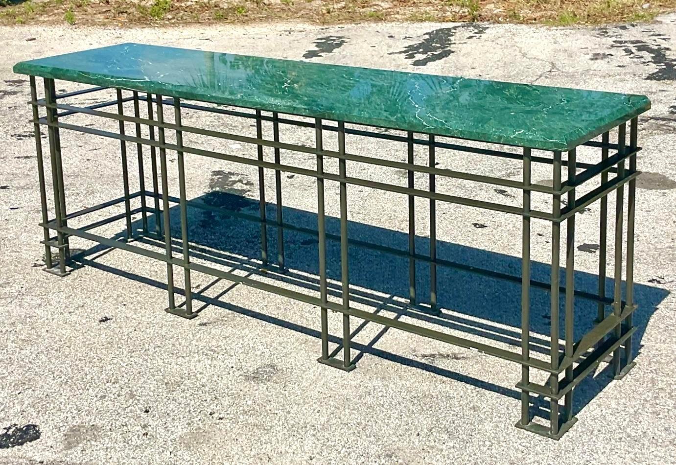20th Century Vintage Boho Monumental Green Marble Wrought Iron Console Table For Sale