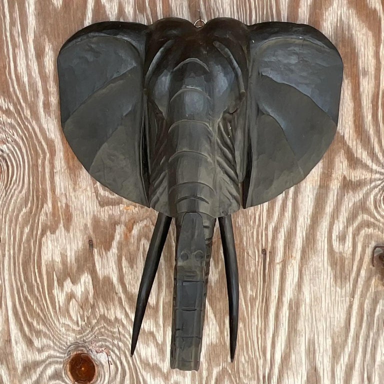 Vintage Boho Monumental Hand Carved Wood Elephant Wall Sculpture at 1stDibs