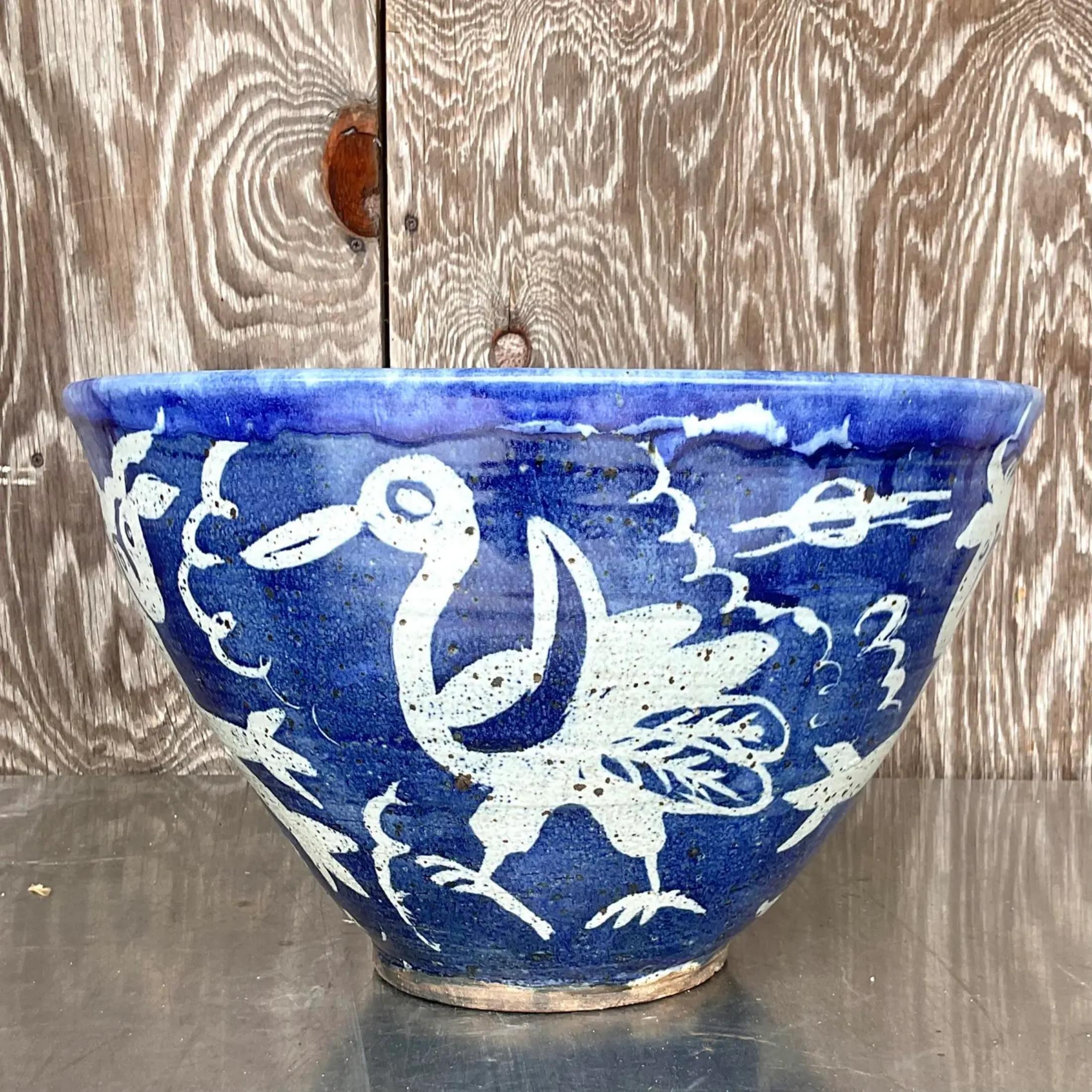 Vintage Boho Monumental Hand Painted Studio Pottery Bowl In Good Condition For Sale In west palm beach, FL