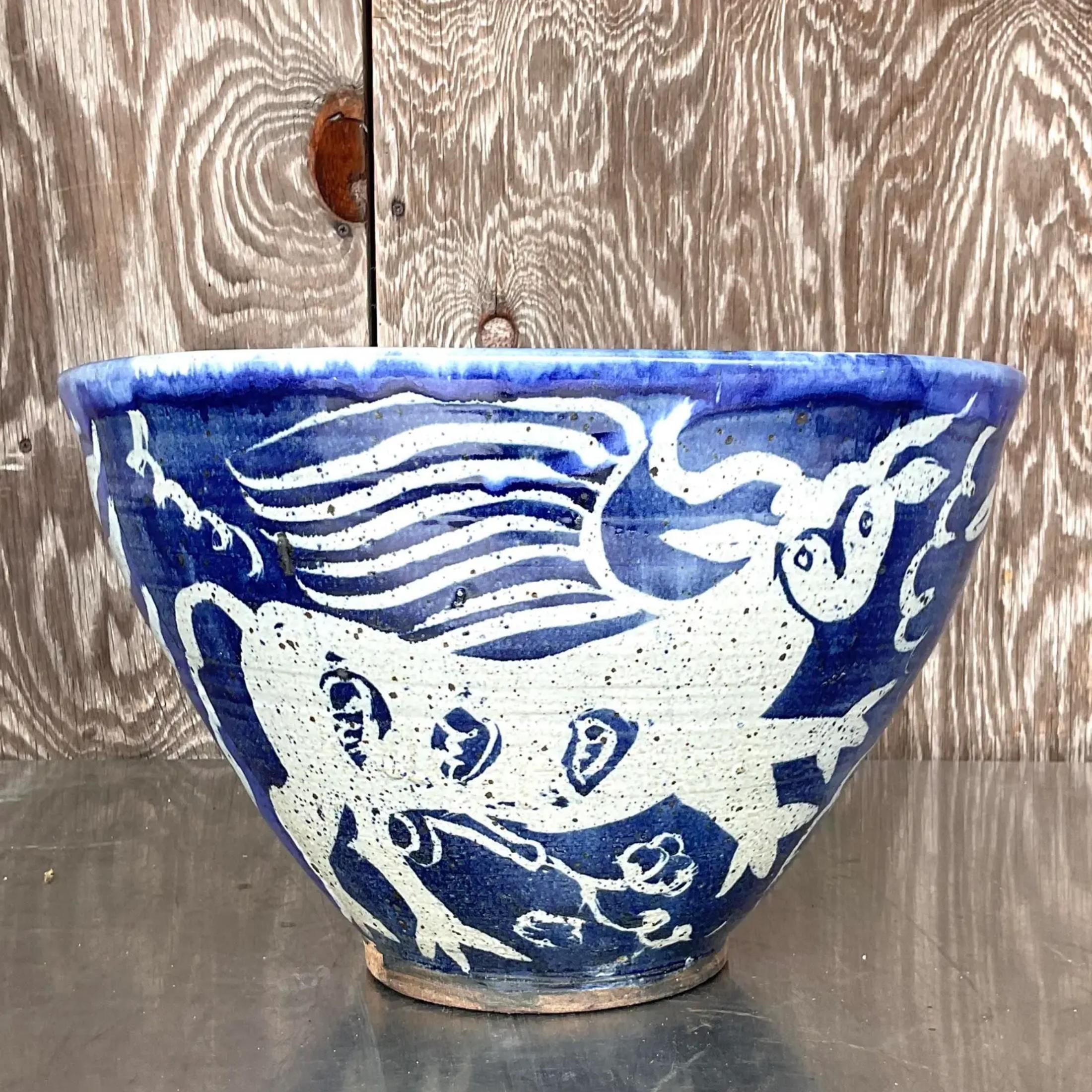 20th Century Vintage Boho Monumental Hand Painted Studio Pottery Bowl For Sale