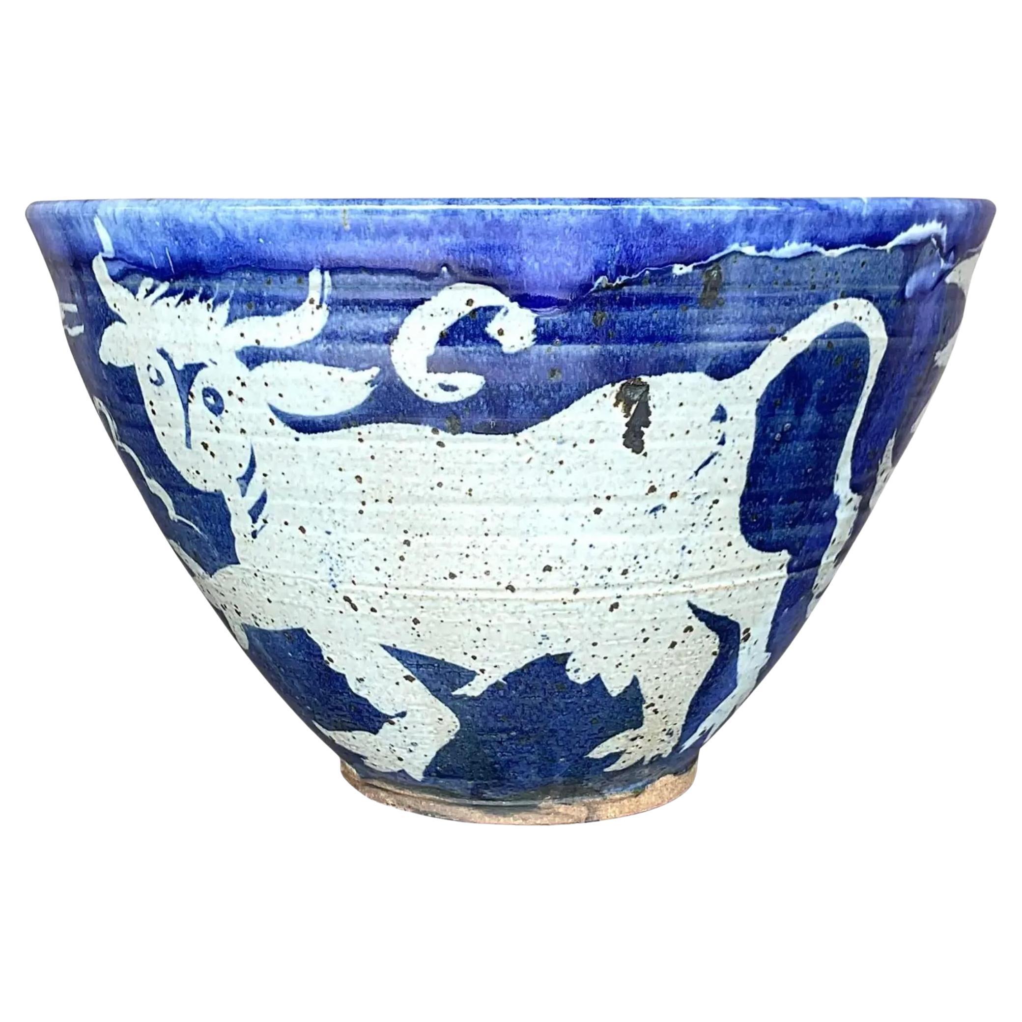 Vintage Boho Monumental Hand Painted Studio Pottery Bowl For Sale